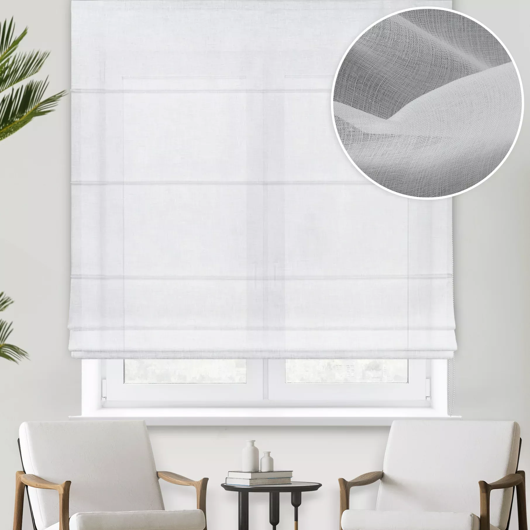 Roleta rzymska biała z cienkiej matowej etaminy, wykończona obciążnikiem