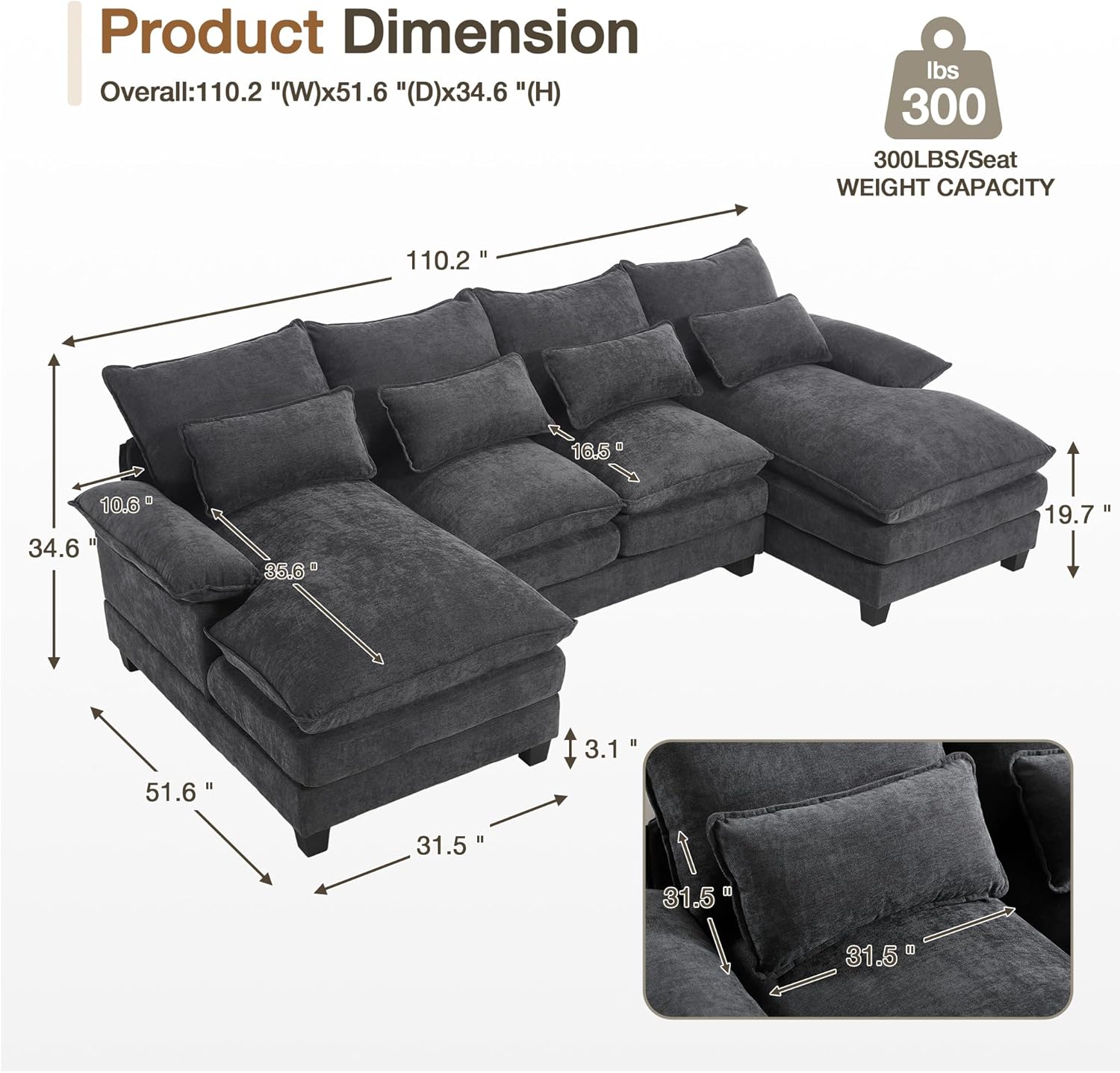 110.2 Modular U Shaped Cloud Couch, Modern 4-Seat Chenille Upholstery Sectional Sofa with Double Chaise & Double Layer Cushions, Deep Seat Comfy Couch for Living Room, Bedroom, Apartment,Grey