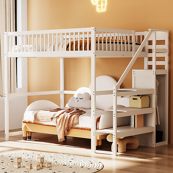Lit superposé 140x200 cm en bois massif blanc avec échelle intégrée et armoire gain de place