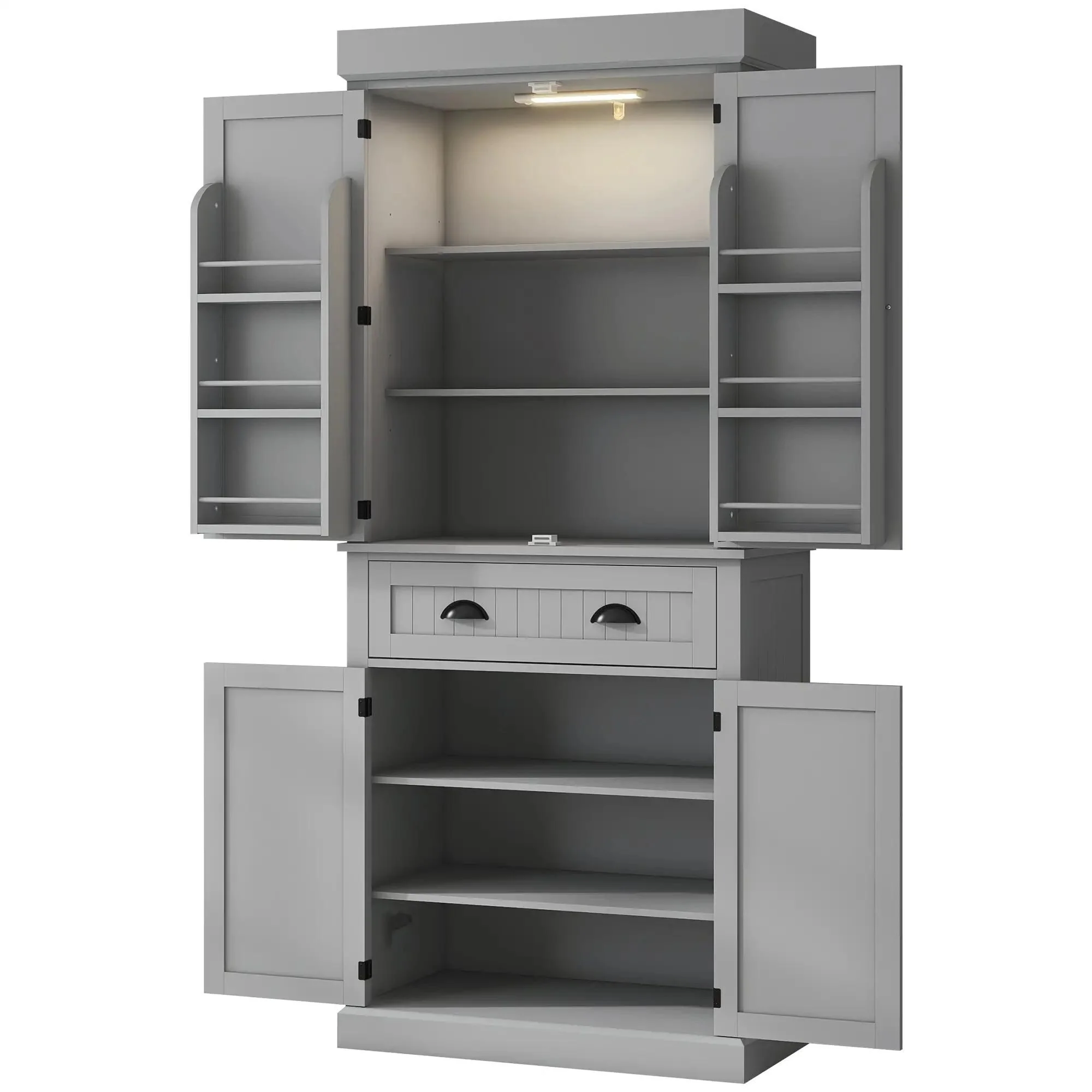 71 Kitchen Pantry Cabinet with LED Lights, 6 Door Shelves, a Drawer