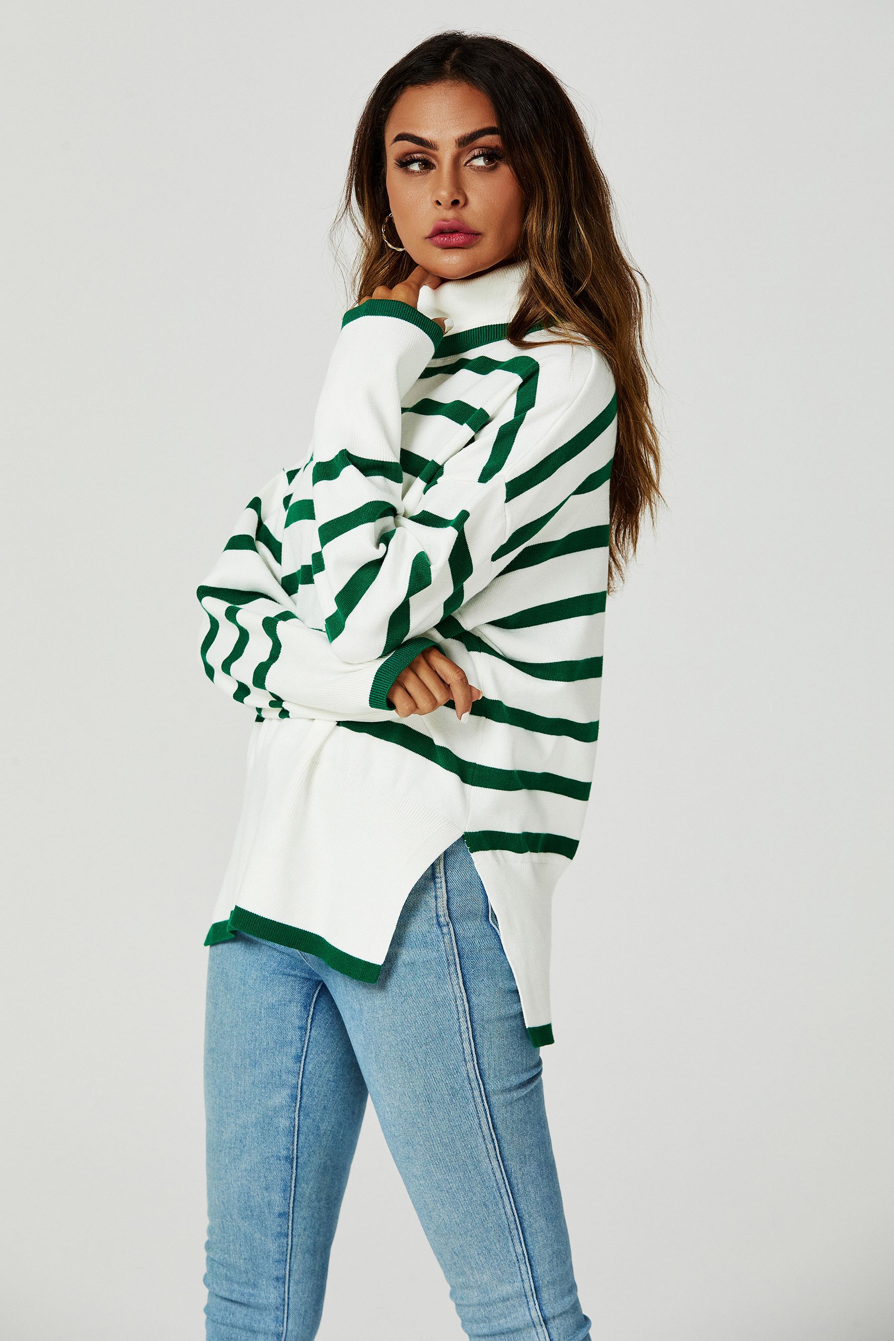 FS Collection Stripes Pattern Turtleneck Jumper Top In Green