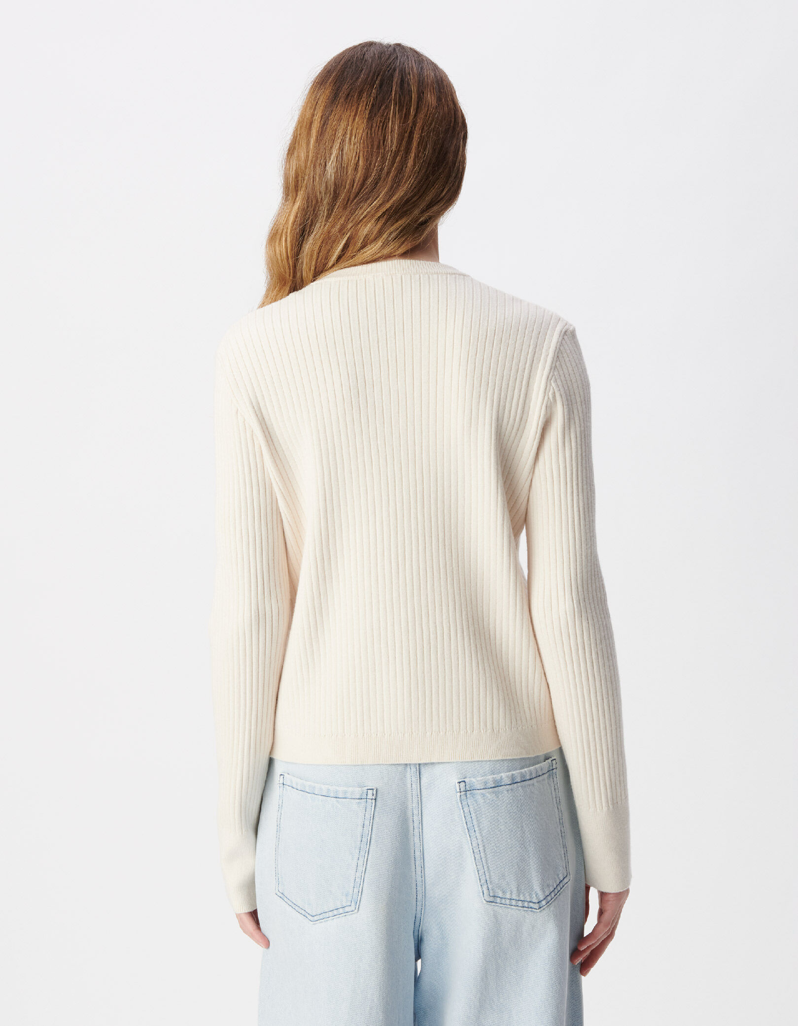 Cardigan manches longues écru tricot côtelé Femme