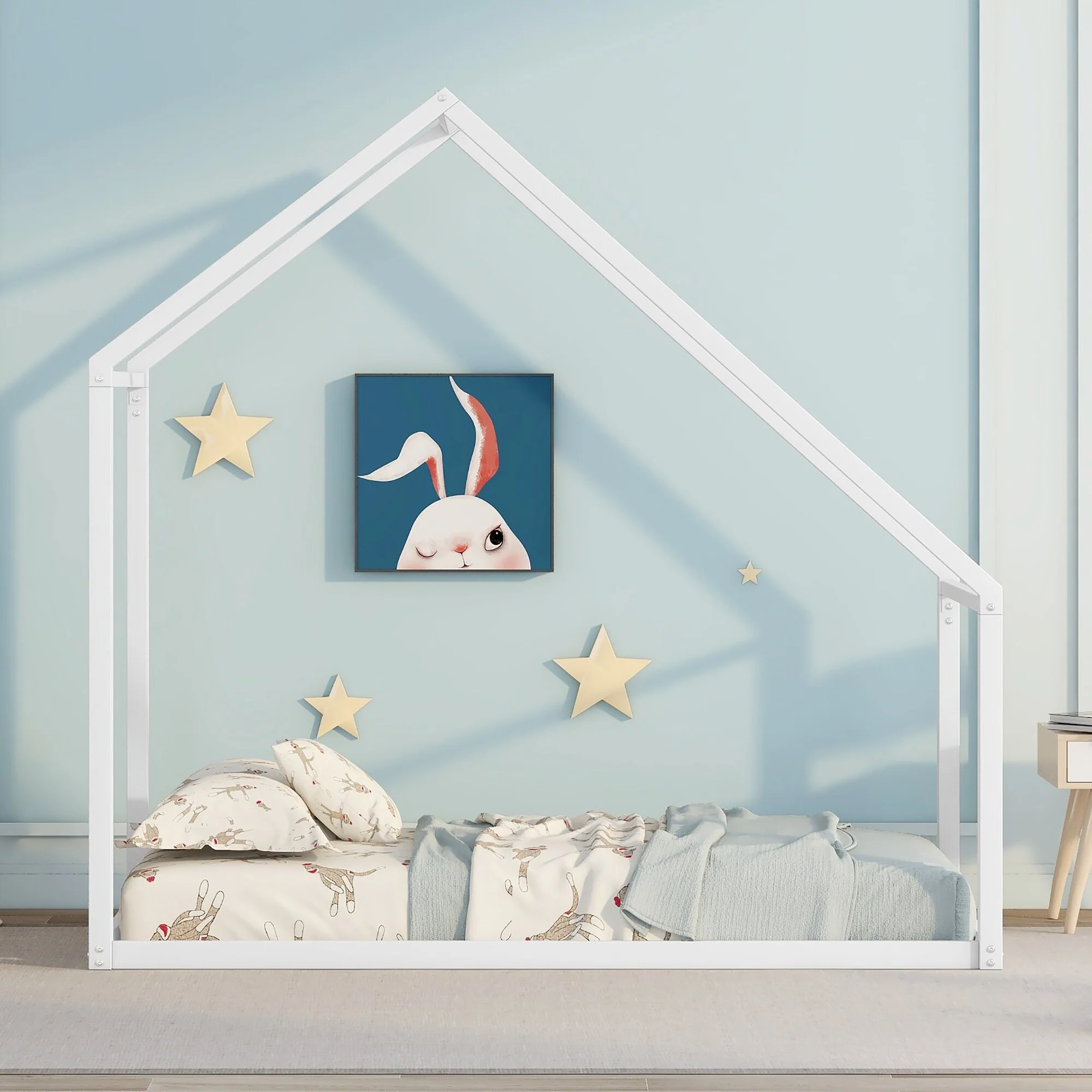 Metal House Bed Frame for Kids, Twin Size with Open Design and Durable Metal Construction