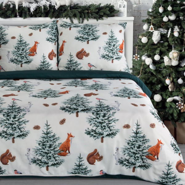 Pościel świąteczna ROLAND 220X200 cm biało zielona choinki