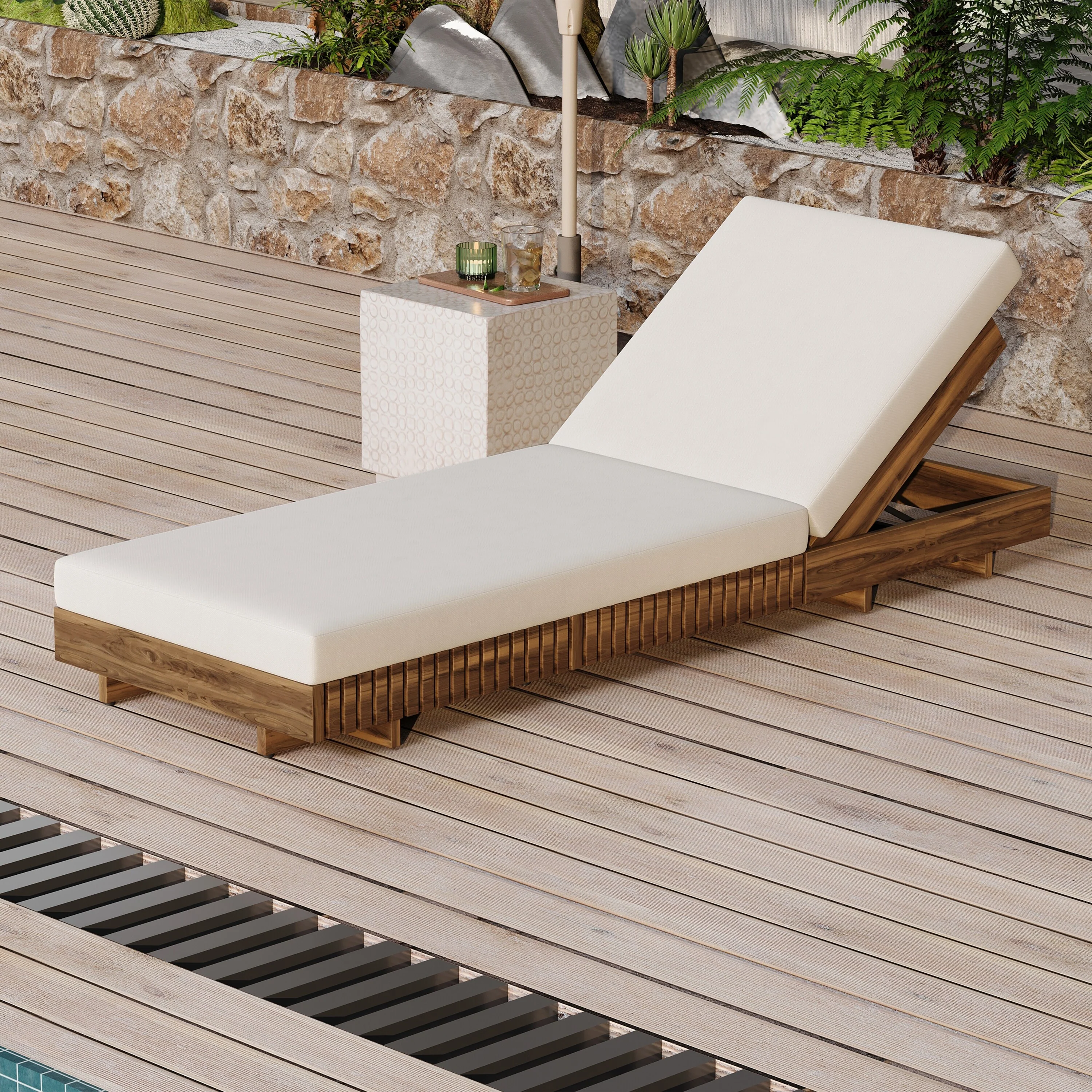 Outdoor Chaise Lounge Chair with 6-Position Adjustable Backrest, Weather-Resistant Slatted Base Reclining Chair