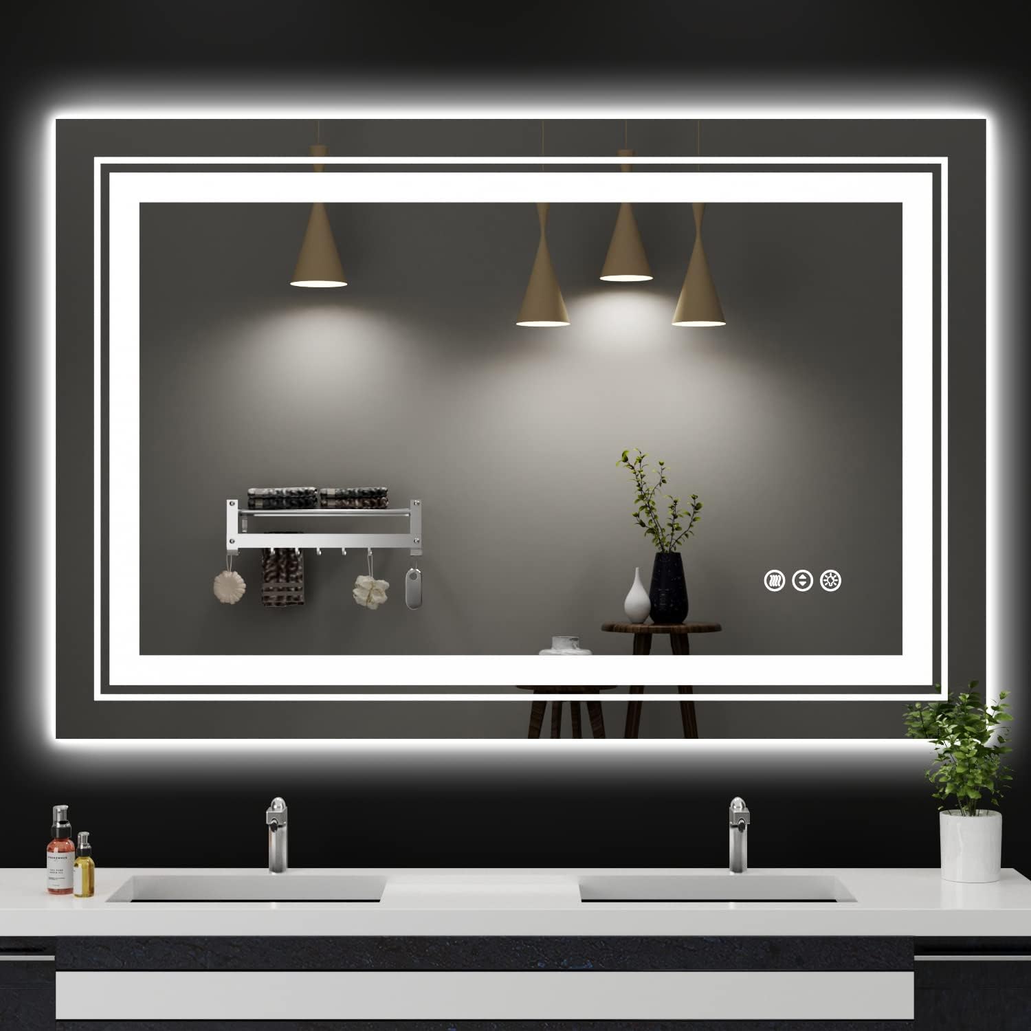 LED Bathroom Mirror, 48X32 with Front and Backlit, Anti-Fog, Large Bathroom Vanity Mirror for Wall, Memory Function, Stepless Dimmable, Tempered Glass (Horizontal/Vertical)