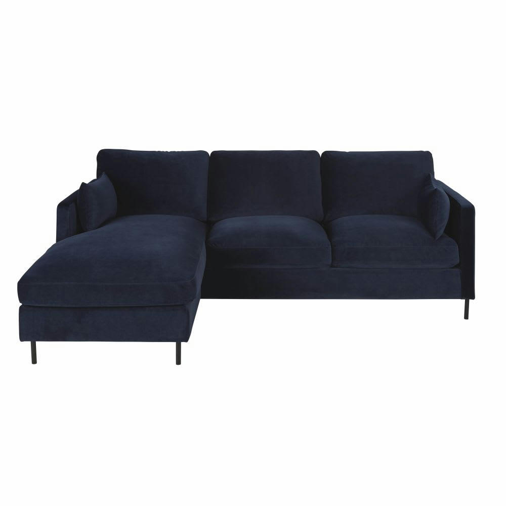 Julian - Canapé d'angle gauche convertible 4/5 places en velours bleu nuit, matelas 10 cm