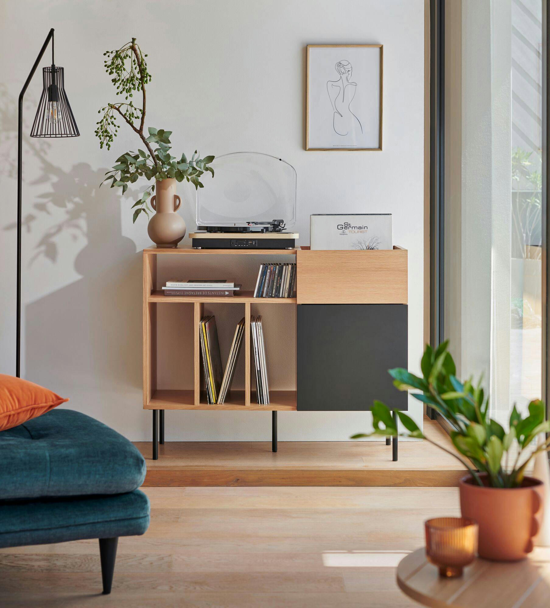 TELIO - Meuble Vinyles avec emplacement pour platine et des rangements