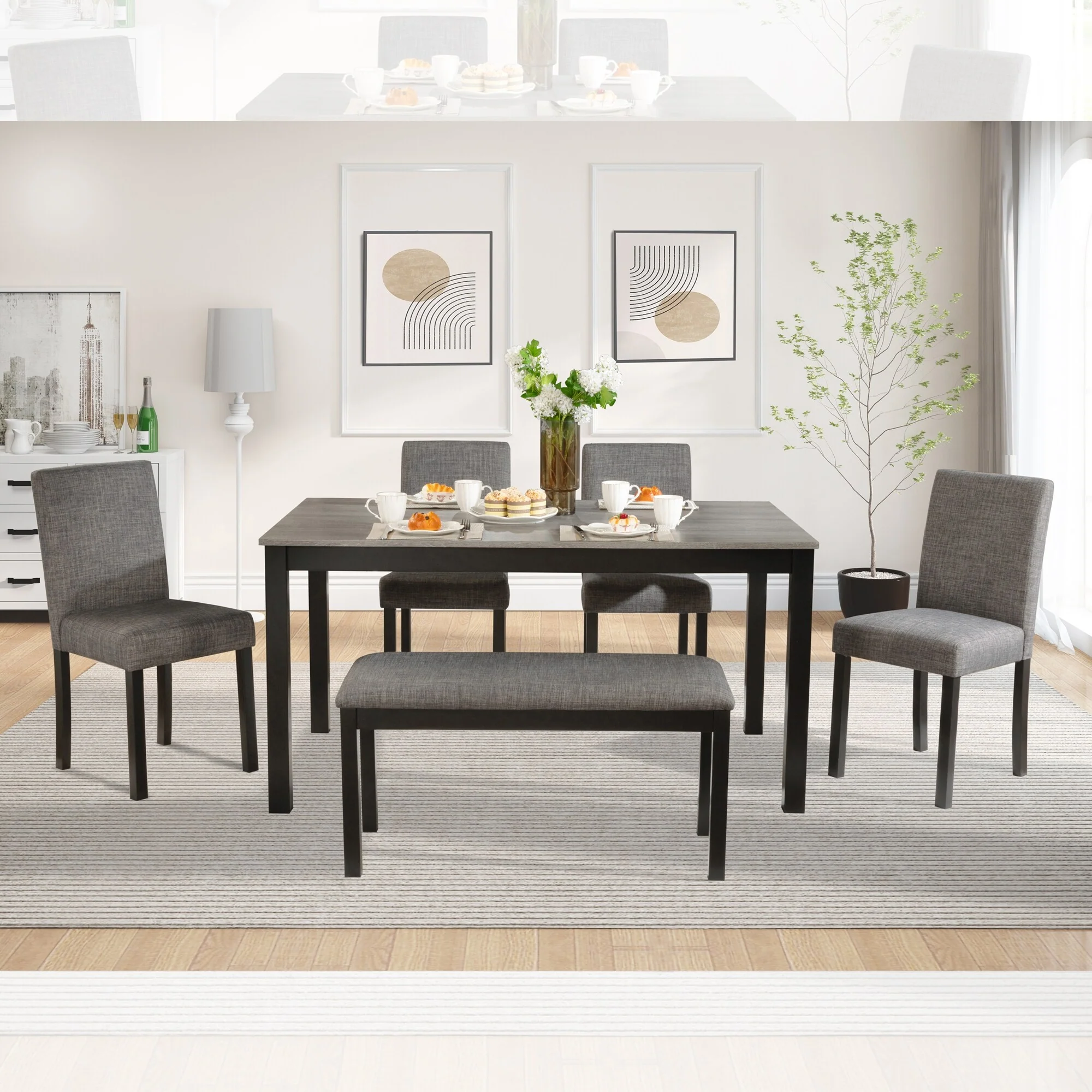 6 Piece Kitchen Dining Table Set with Rectangular Table and 4 Upholstered Dining Chairs and Bench