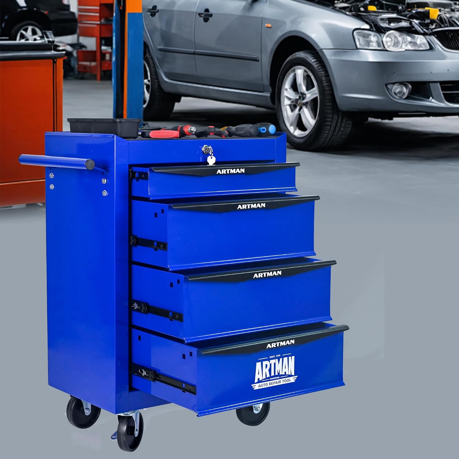 RYH 4 Drawers Rolling Tool Chest - 13 D x 20.9 W x 30.5 H Heavy Duty Mobile Tool Cart with Locking Wheels & Ball Bearing Drawers, Garage Tool Storage Cabinet (Blue, 4 Drawers)