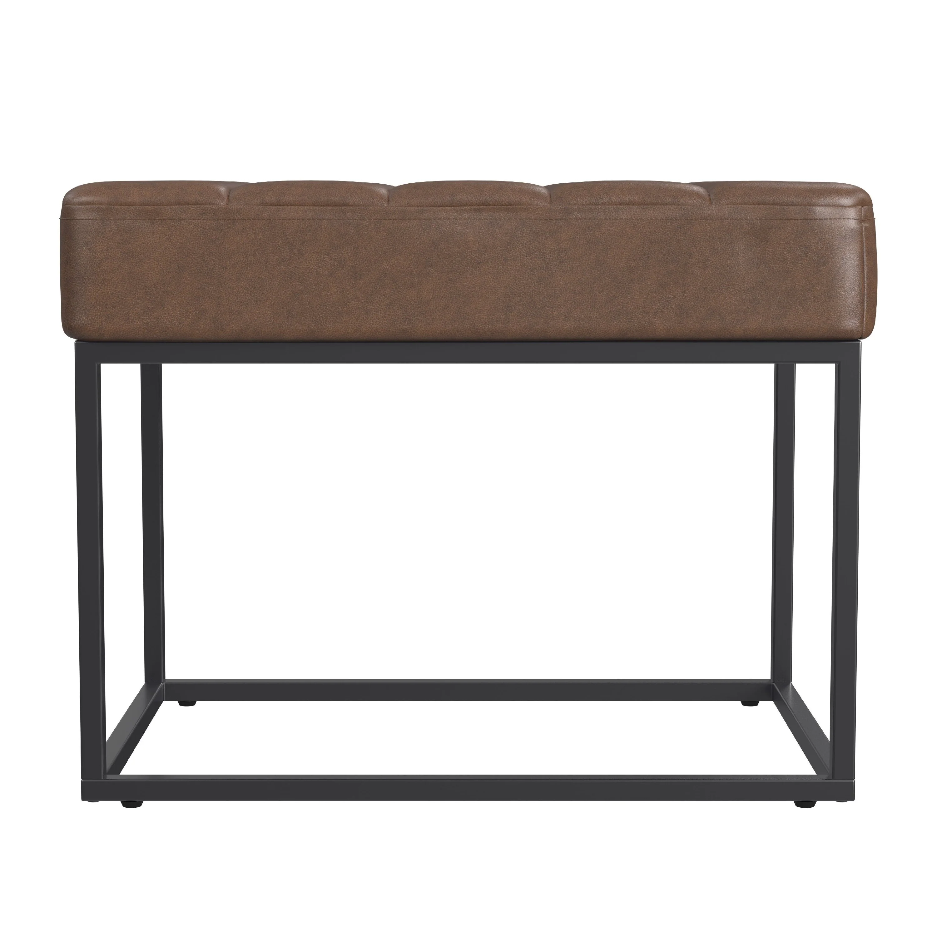 Kai Ottoman Footstool, Dark Brown Faux Leather, Black Metal, 22 Inch