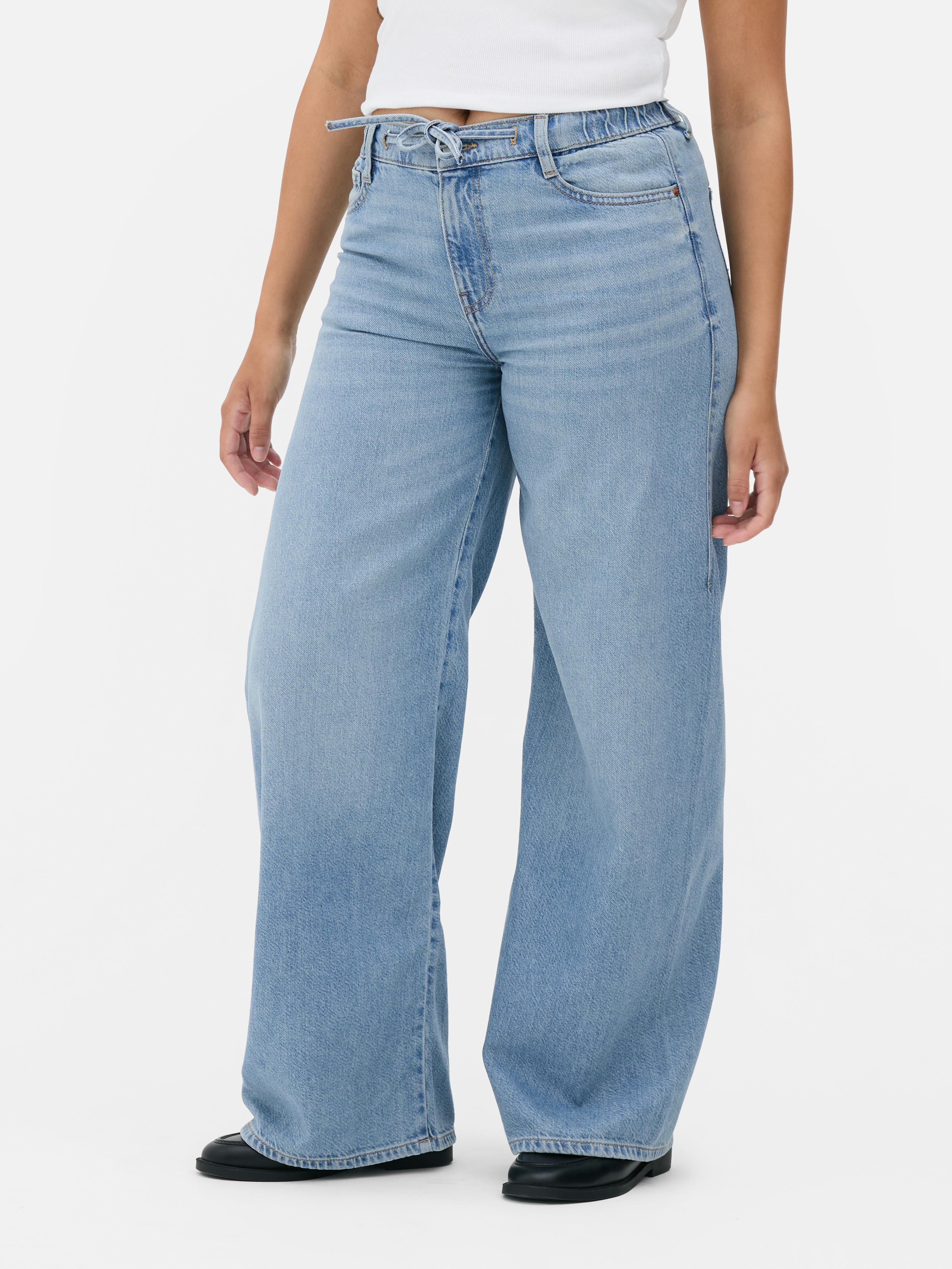 Drawstring High-Waisted Wide-Leg Jeans