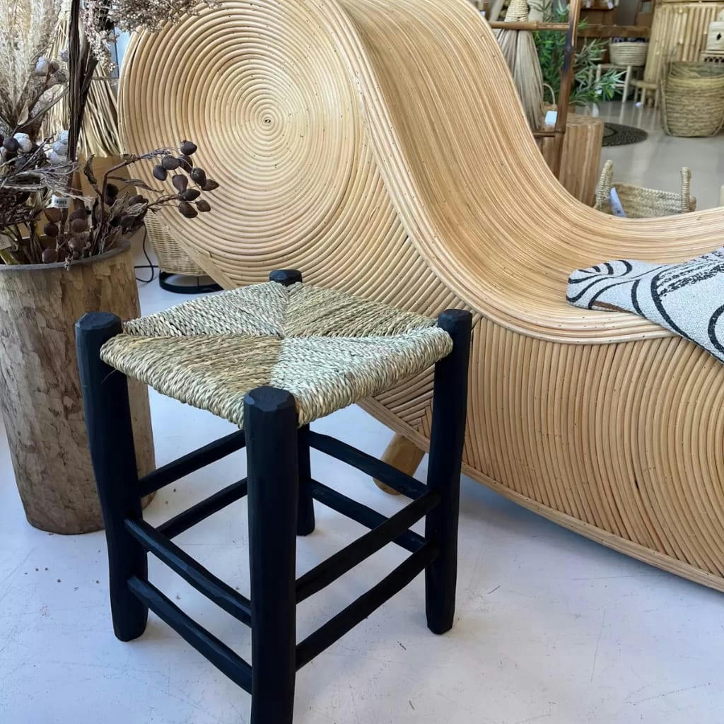 BEIGE - Tabouret couleur noir en bois et corde