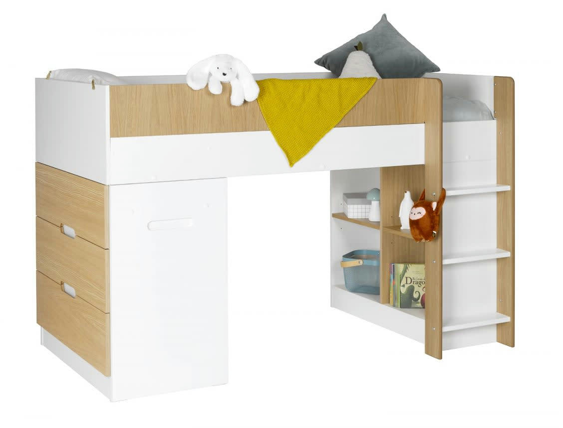 MANLY - Lit mi-hauteur avec bureau et commode 90x190 Blanc Et Bois