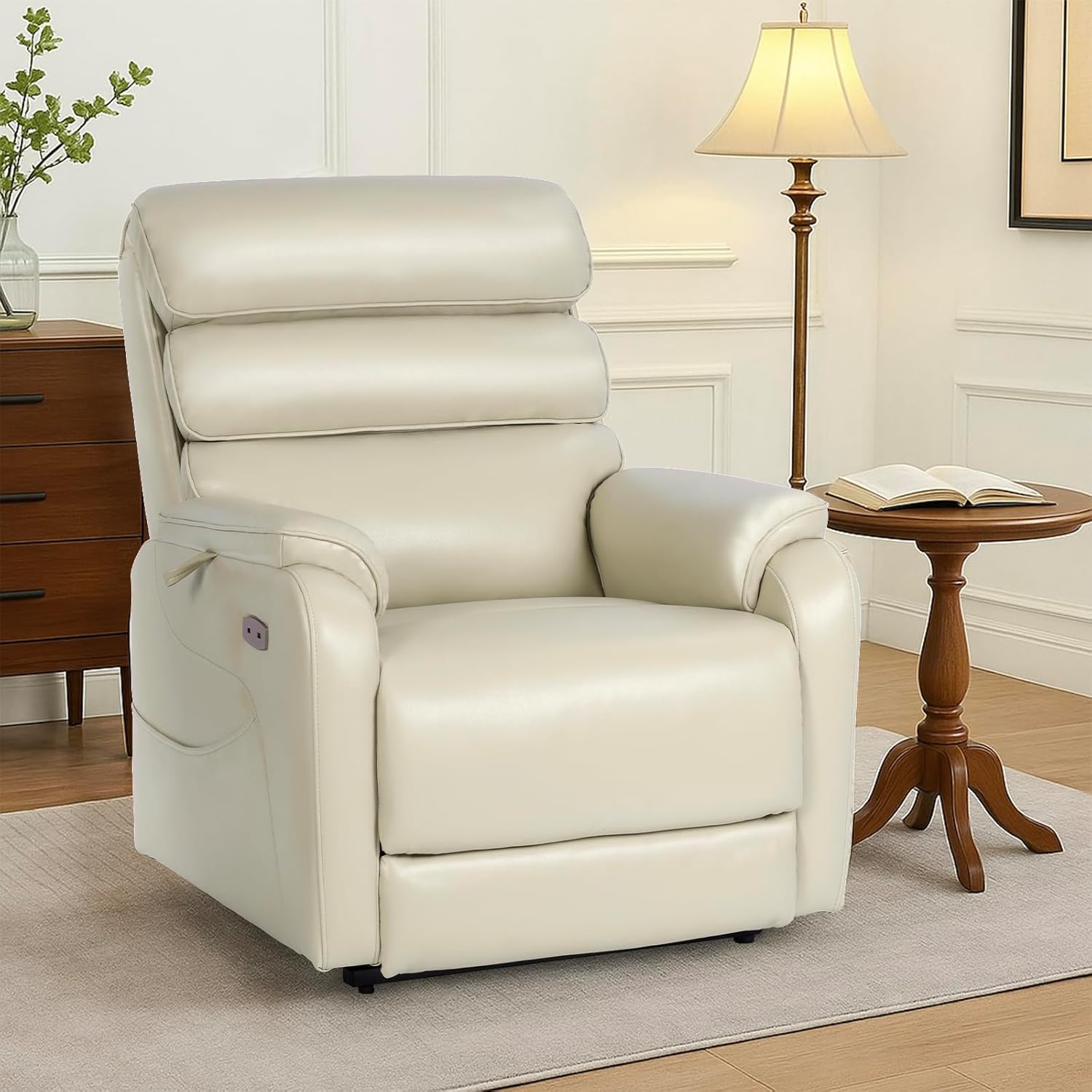 EONIX Dual Motor Lay Flat Power Lift Recliner Chair for Elderly, Breathable Leather Electric Lift Chairs for Adults, 400lbs Heavy Duty Power Recliner with Heat and Massage, SLRY003061, Cream White