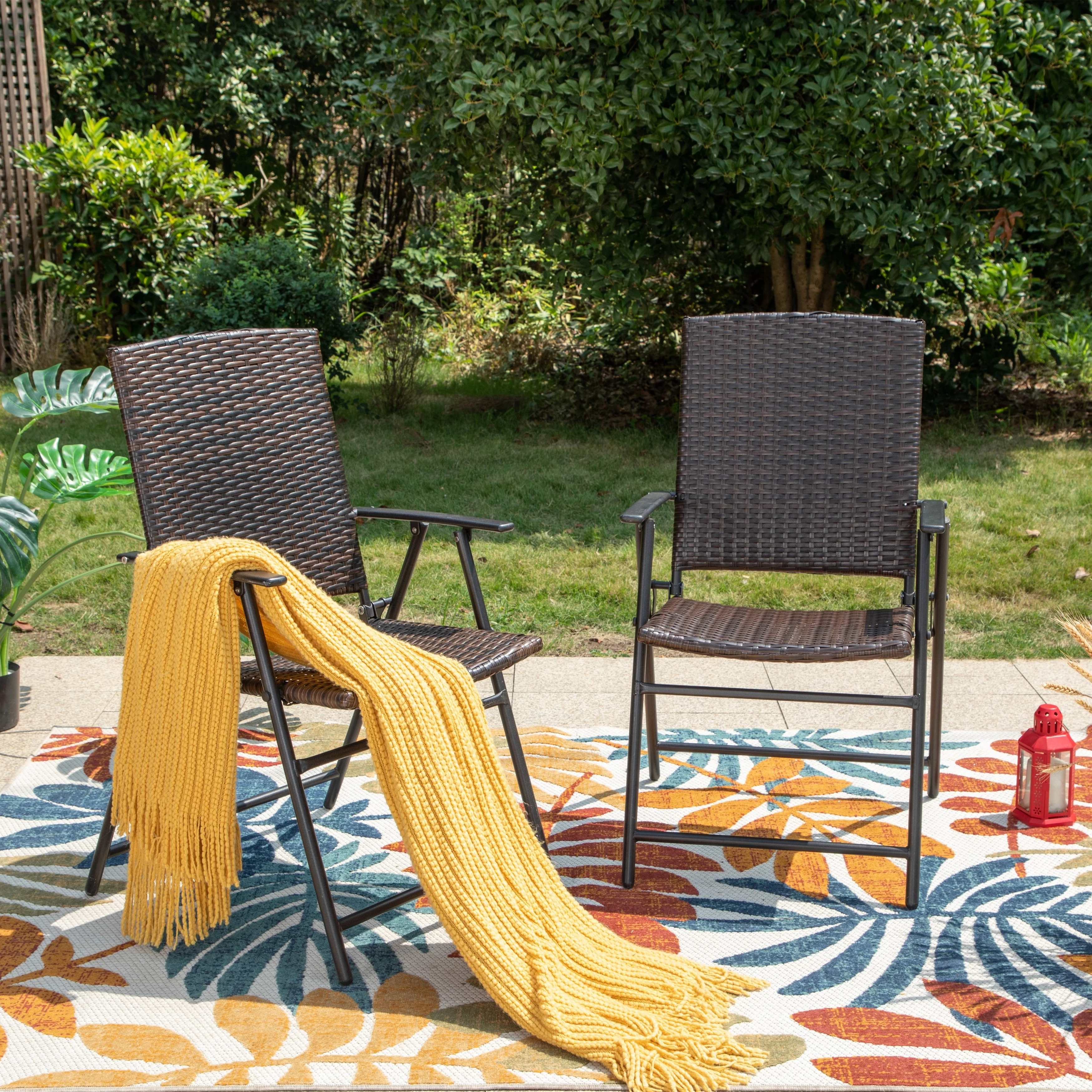 Outdoor Wicker Patio Folding Dining Chairs Set of 2, Adjustable Patio Rattan Recliner Wicker Chairs with High Backrest