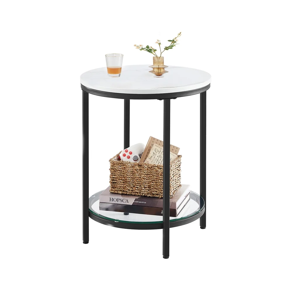 Table d’appoint ronde à 2 niveaux blanc marbré et noir