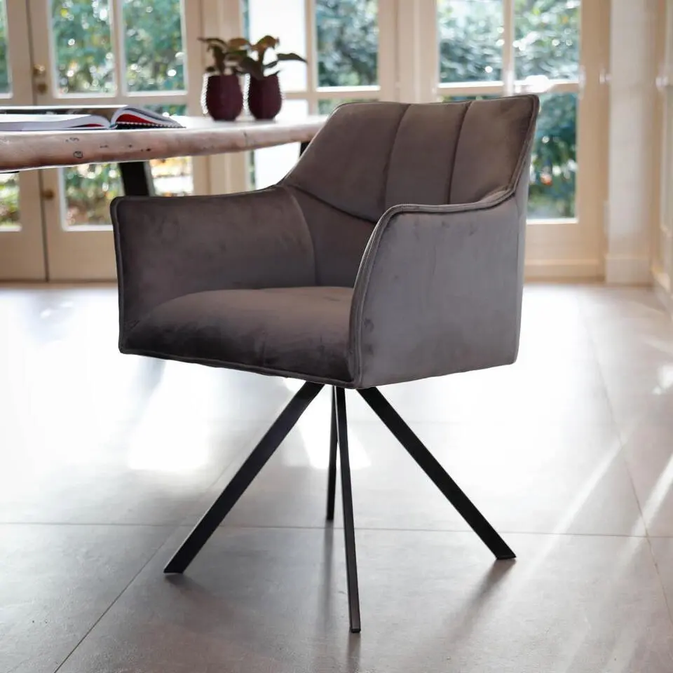 Eetkamerstoel Met Armleuning - Velvet Antraciet - Draaibaar - Set van 2