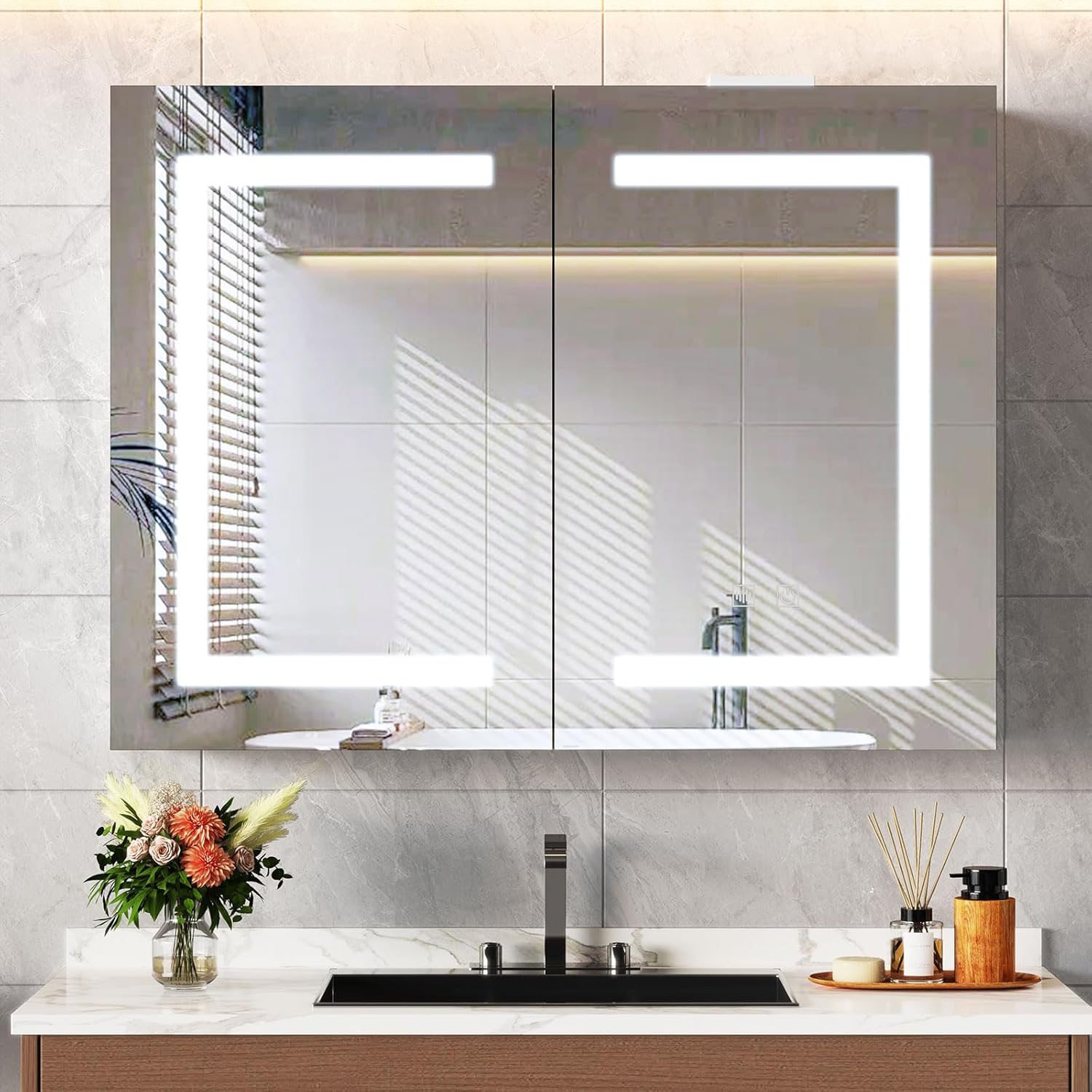 Snughome Bathroom Medicine Cabinet with Mirror and LED Lights, Wall Mount Bathroom Mirror with Storage, Anti-Fog, Built-in Power Outlets, Dimmable 3 Color Temp, Antirust Easy to Install, 31.5 x 23.6