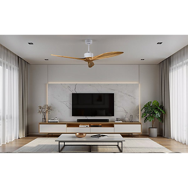Modulo Latino Slim - Super destratificateur et ventilateur DC 132 cm blanc pales bois sombre idéal 26 à 40 m²