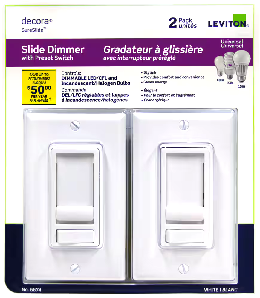 Leviton 06674-756 Decora SureSlide Universal Slide Dimmer, 600W Incandescent, 150W Dimmable LED/CFL, White, 2-pk