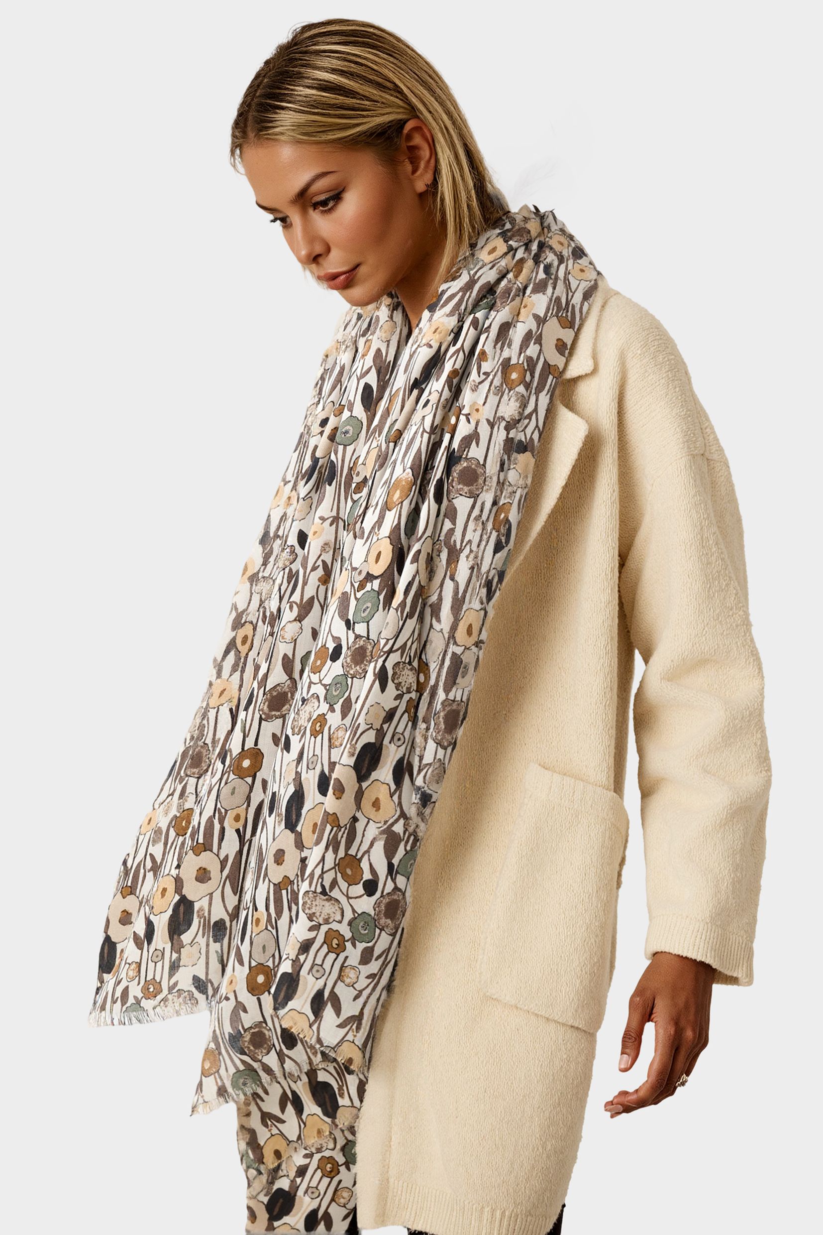 FS Collection Floral Print Fringed edges Scarf In Brown