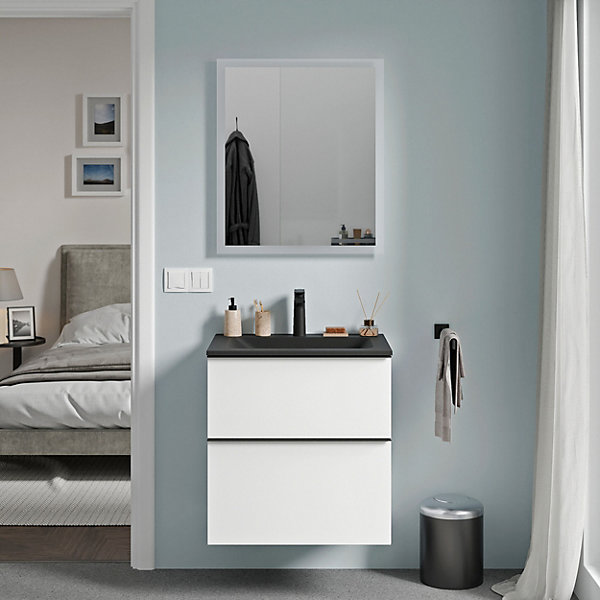 Miroir rectangulaire salle de bain LED 70x60cm(HxL) cadre blanc, antibuée, lumière réglable, capteur de mouvement, VARO FRAME