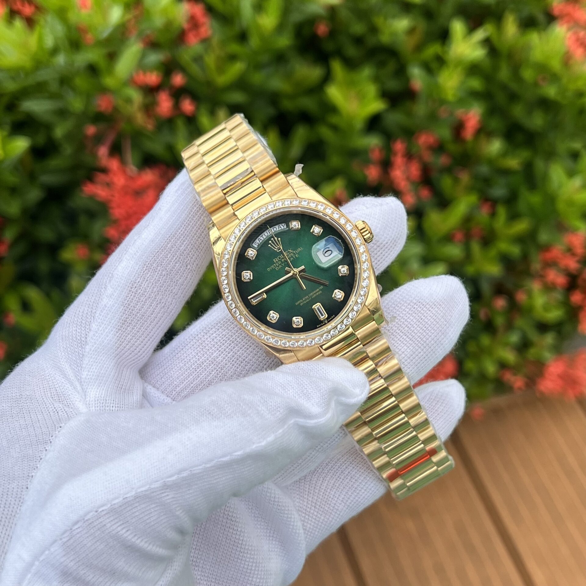 Rolex Day-Date 128348RBR YG Plated Ombre Green Dial CZ Diamonds 36mm EWF Replica