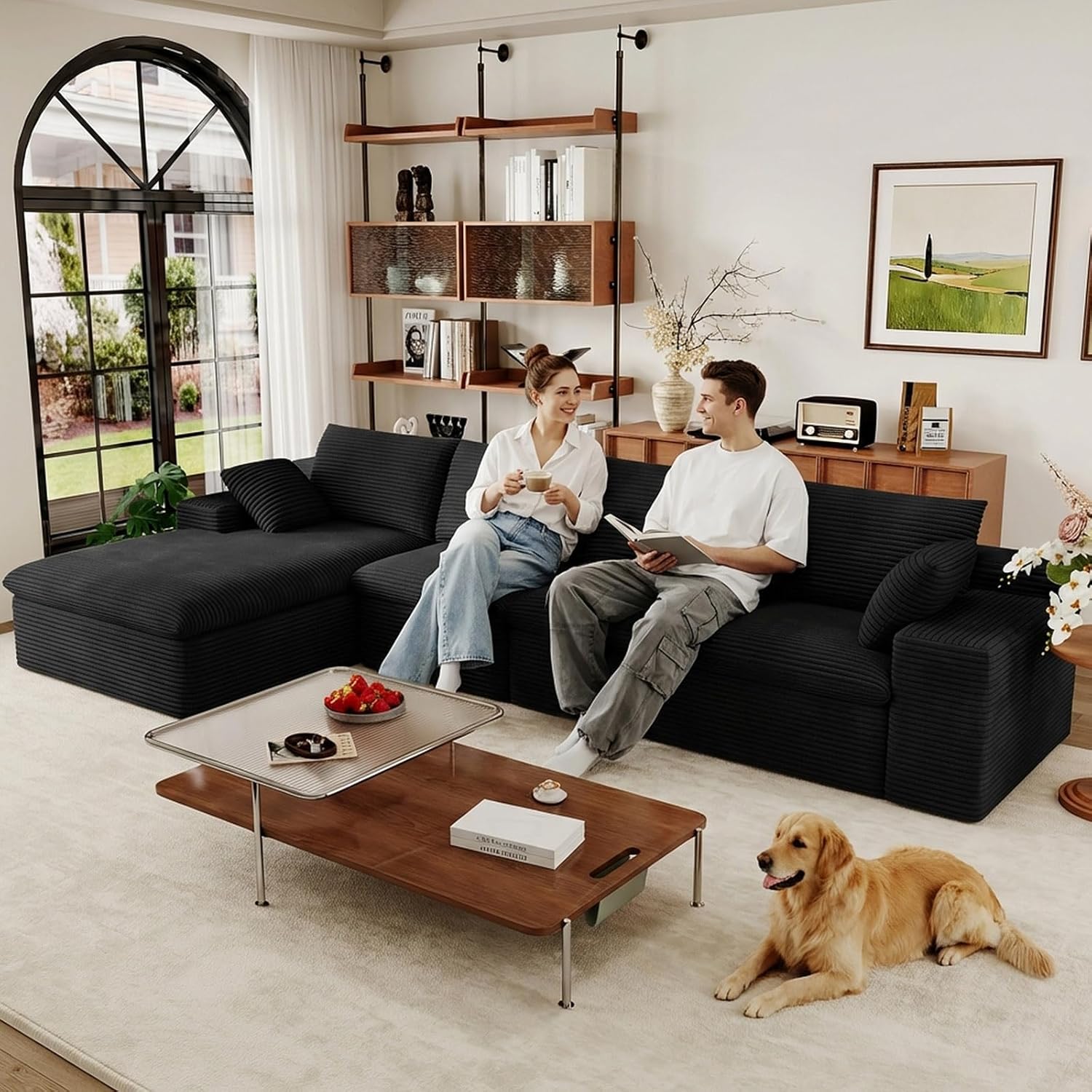 136 Cloud Modular Sectional Couch with L-Shaped Chaise,Corduroy Boneless Sofa,Memory Foam Couches in a Box with Deep Seat for Living Room,No Assembly Required (Black,Left-Facing Chaise)