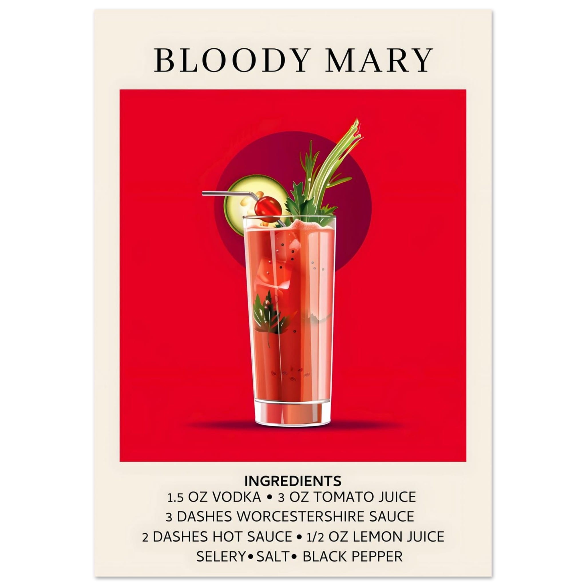 Artfulprints Poster Bloody Mary cocktail - Ingrediënten  - 70x100 cm - Rood