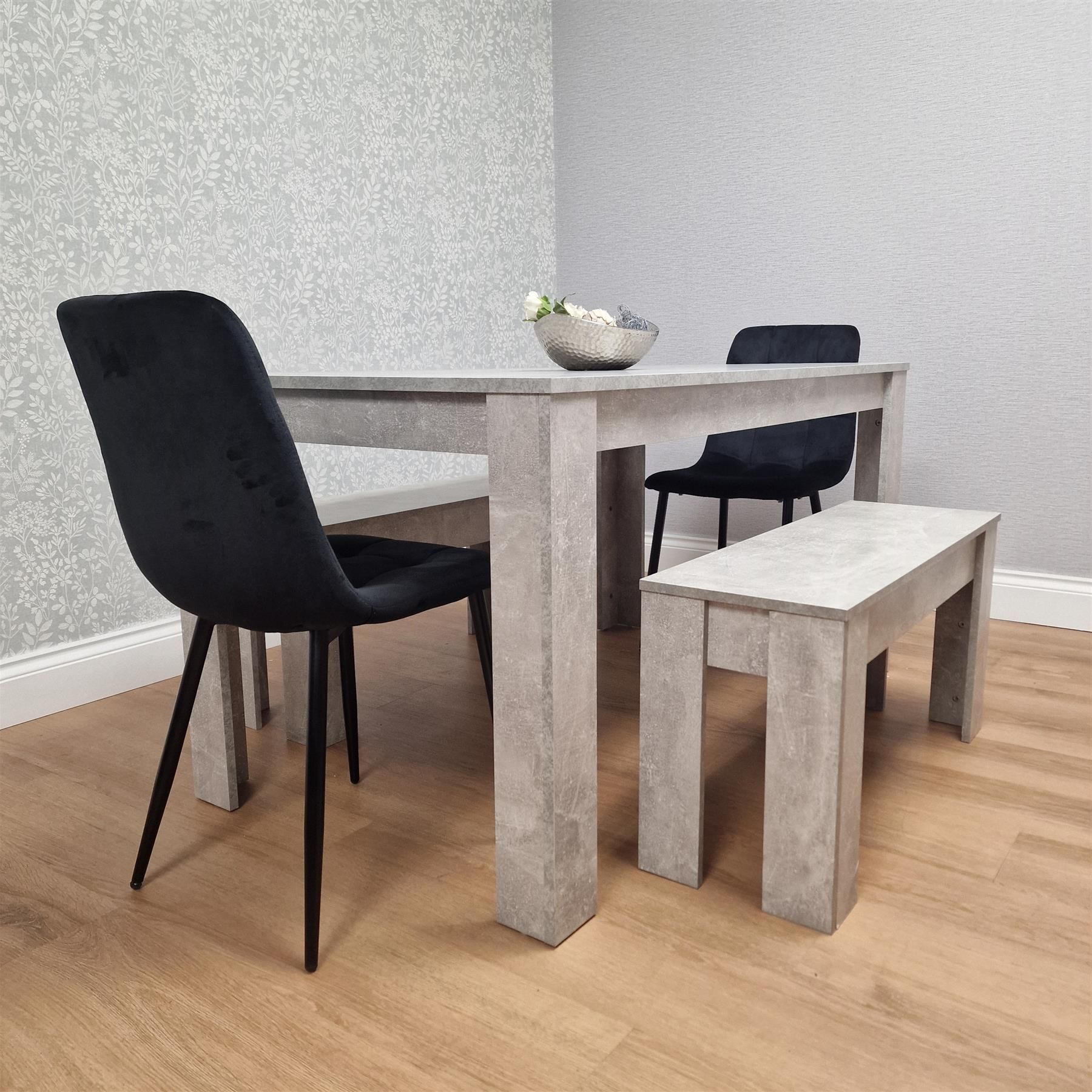KOSY KOALA Dining Table with 2 Black Velvet Chairs and 2 Stone Grey Benches Modern Dining Room Furniture Set