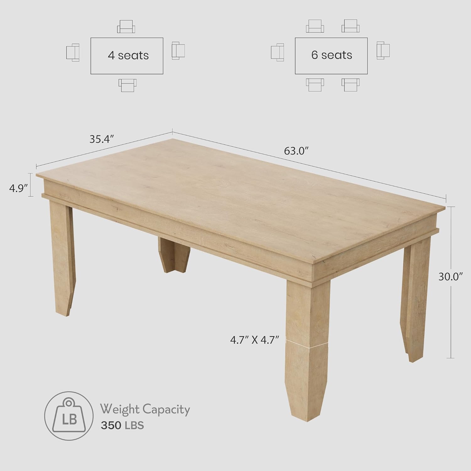 GarveeHome Farmhouse Dining Table for 4-6 People, 63 in Long Kitchen Tables with Wooden Sturdy Frame, 5 ft Large Rectangular Dinner Table for Dining Room, Kitchen, Natural, 63 Non-extendable