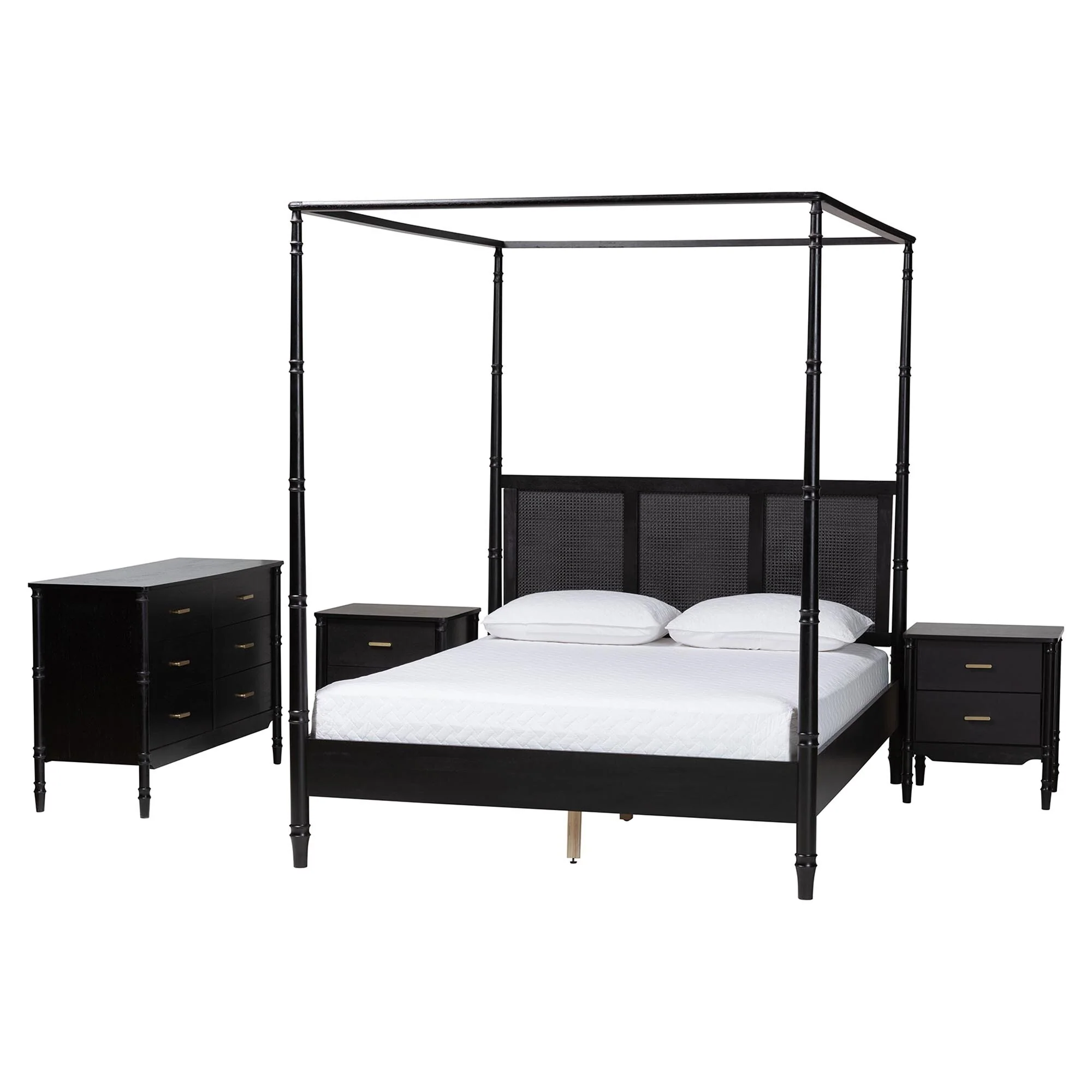 Marisela 4-Piece Black Bedroom Set - Canopy Bed with Synthetic Rattan Headboard, Matching Dresser and Two Nightstands