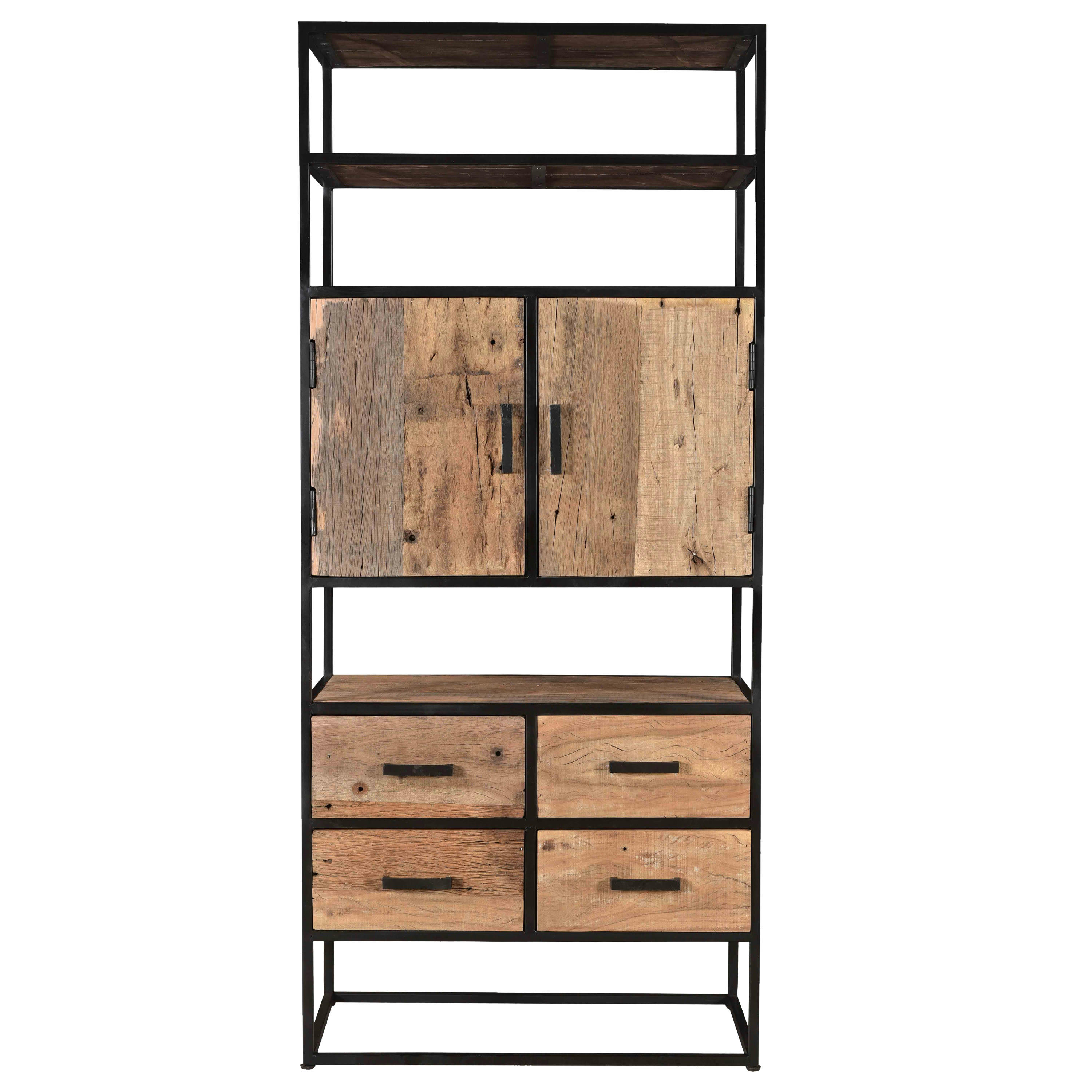 RIVERWOOD - RIVERWOOD-Buffet haut 2 portes 4 tiroirs, bois recyclé et métal noir