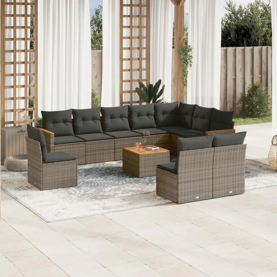 vidaXL 11-delige Loungeset met kussens en salontafel - Gris - Poly rattan