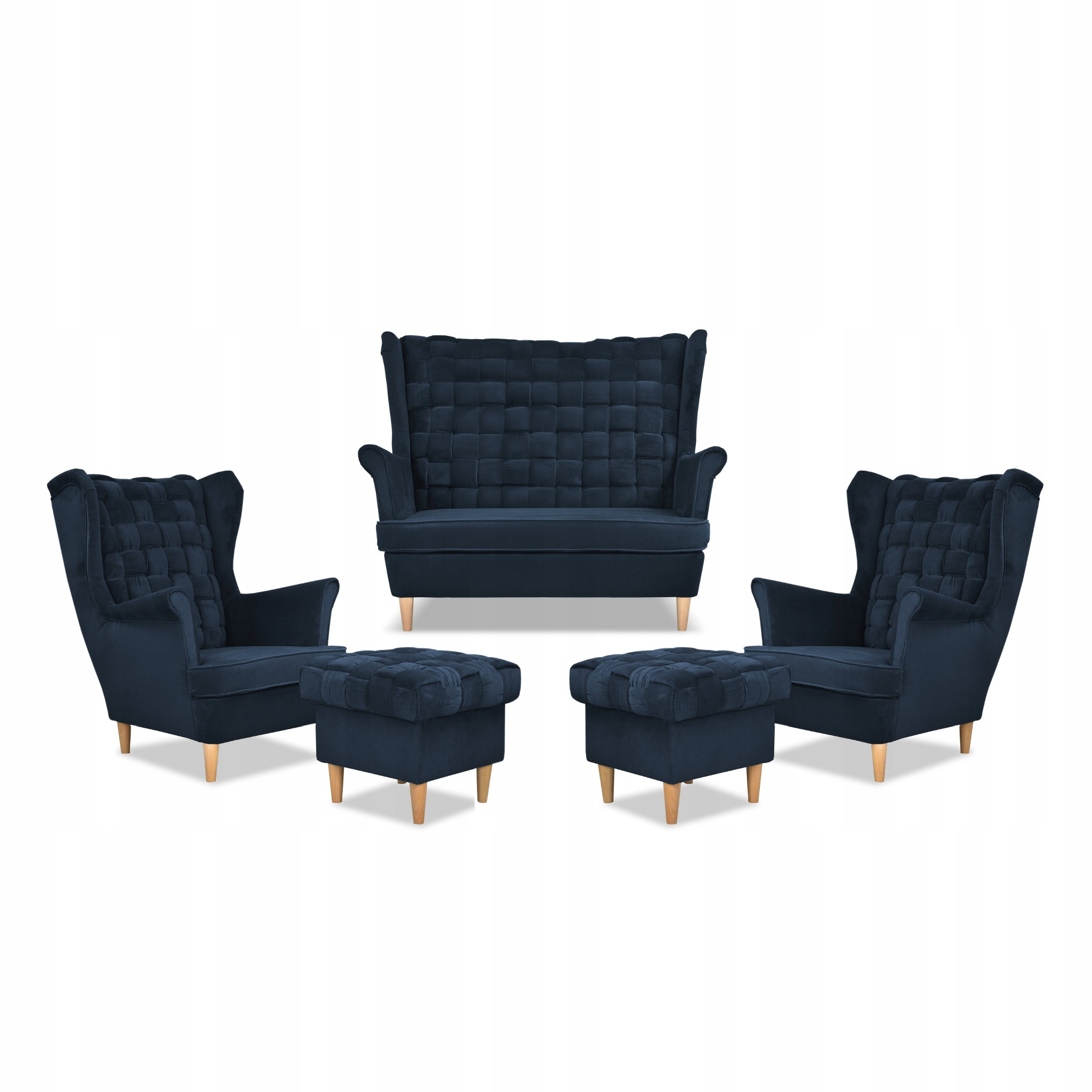 Zestaw wypoczynkowy Carol sofa fotele pufy paski Family Meble granatowy