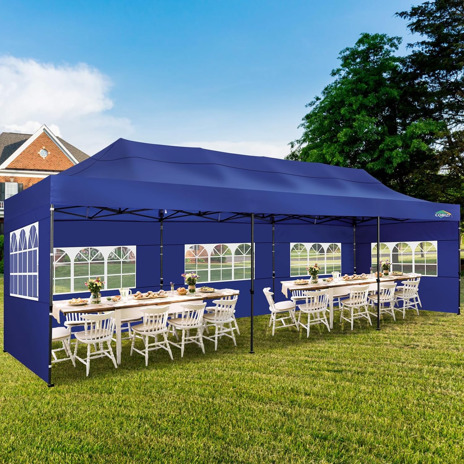 COBIZI 10x30 Pop up Canopy Tent 10x30 Canopy with Sidewalls  Heavy Duty Party Tent Tents for Parties  Foldable UPF 50+ Waterproof Commercial Easy up Canopy with Roller Bag  Navy Blue(Windproof)