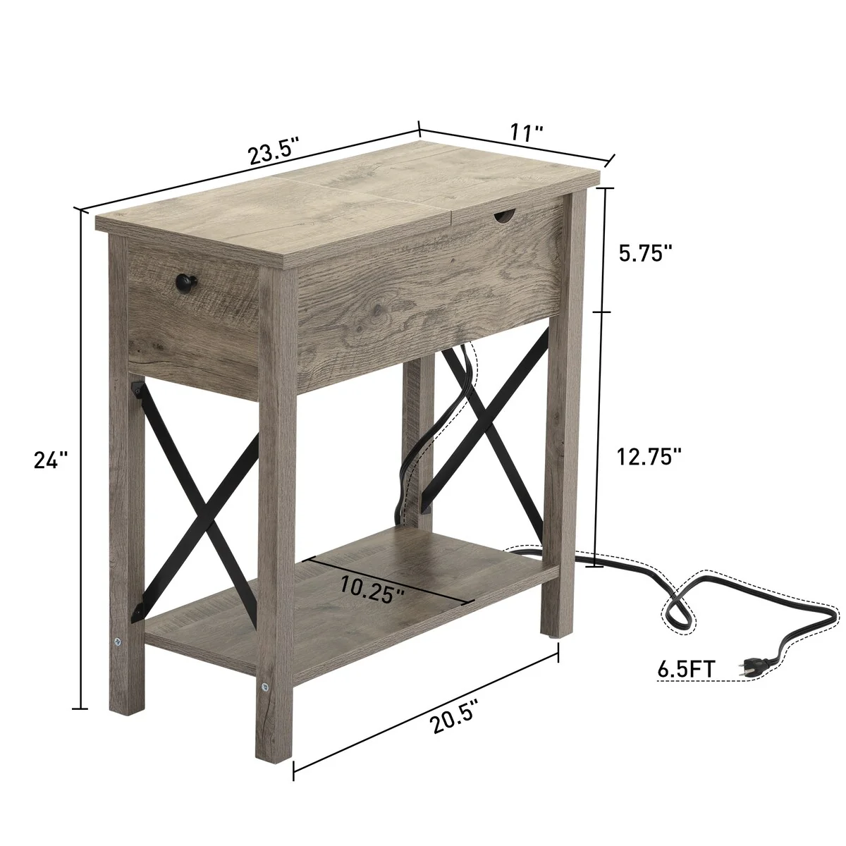 Farmhouse Flip Top Nightstand End Table W/Drawer 2AC Outlets 2USB