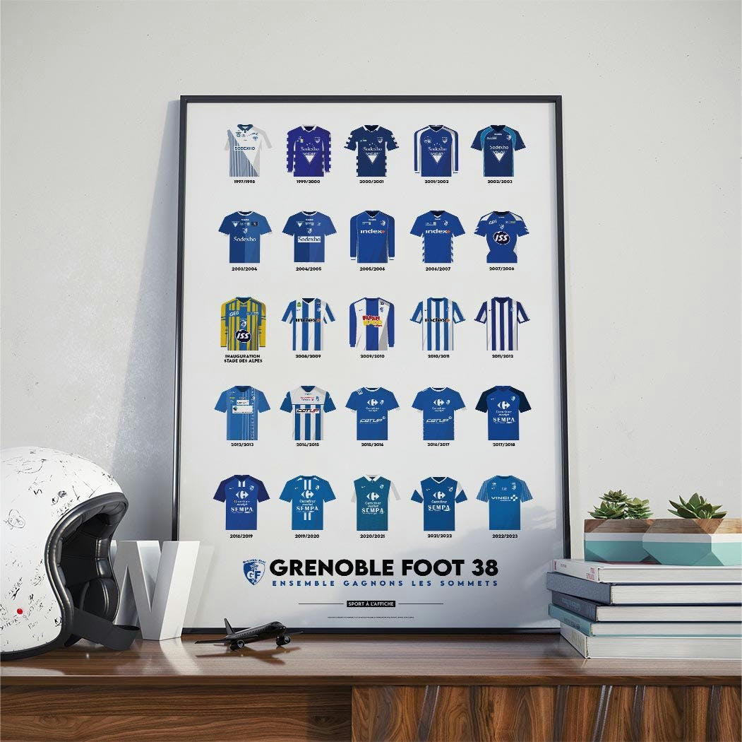 FOOTBALL - Affiche Foot - Grenoble Foot 38  Maillots Historiques  30 x 40 cm