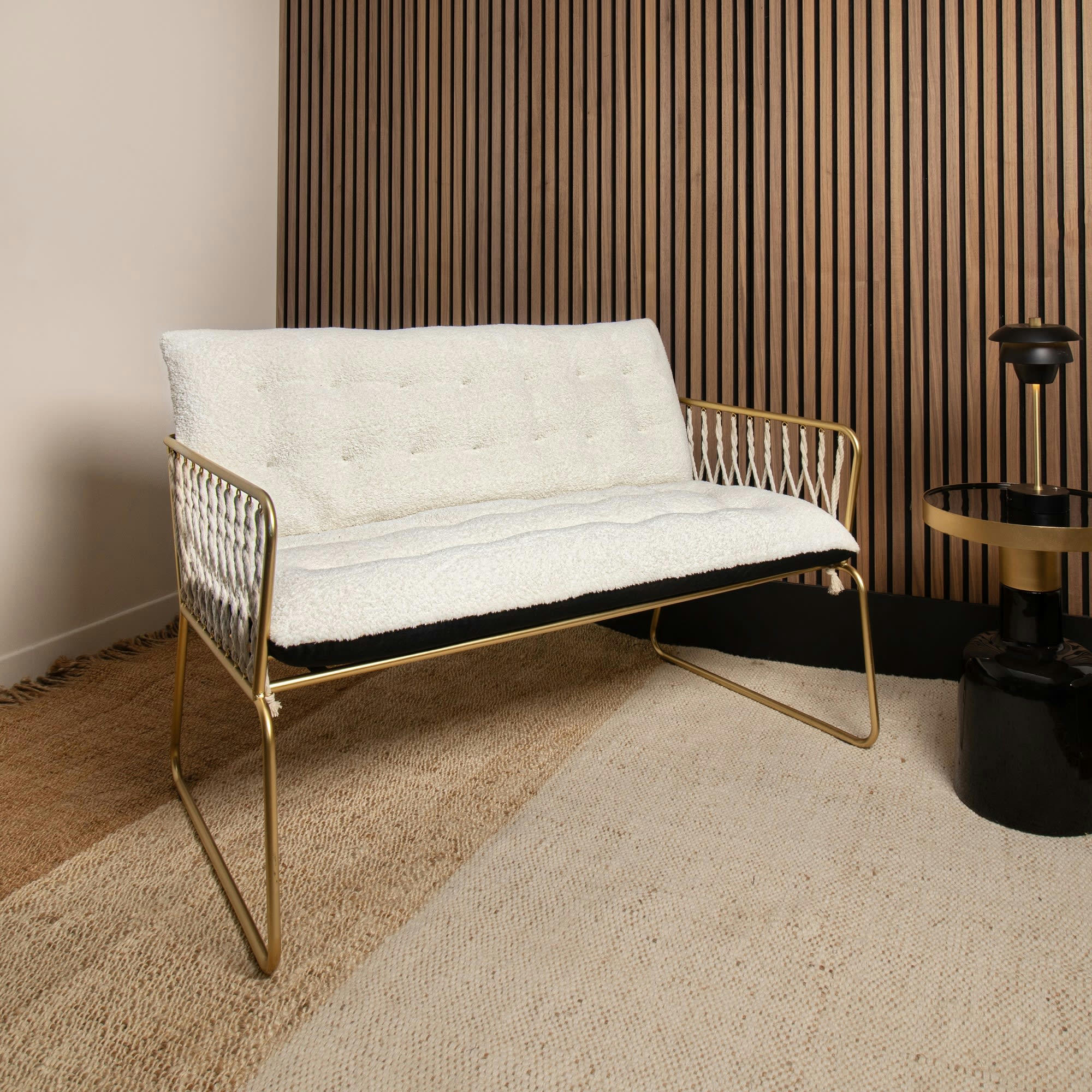 MUNIO - Canapé en bouclette blanche et velours noir 2 places