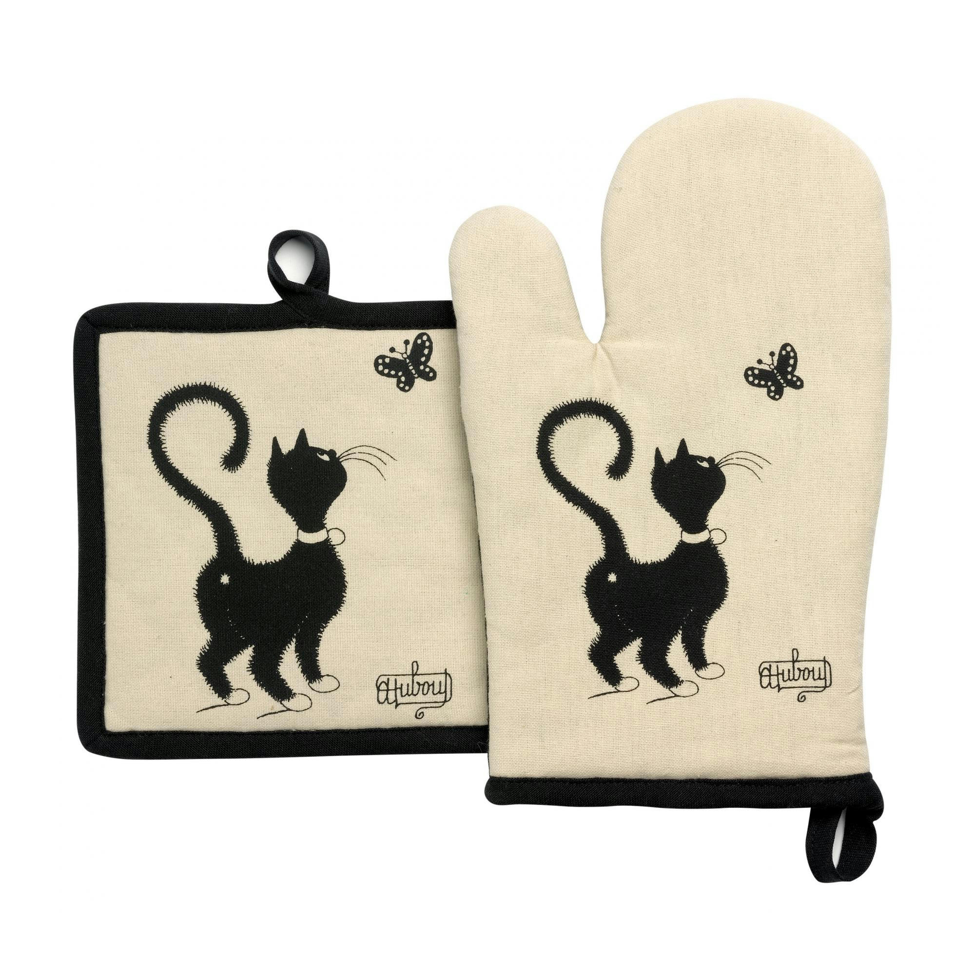 DUBOUT - Gant de cuisine + Manique  Chat Papillon en coton beige 18 x 28