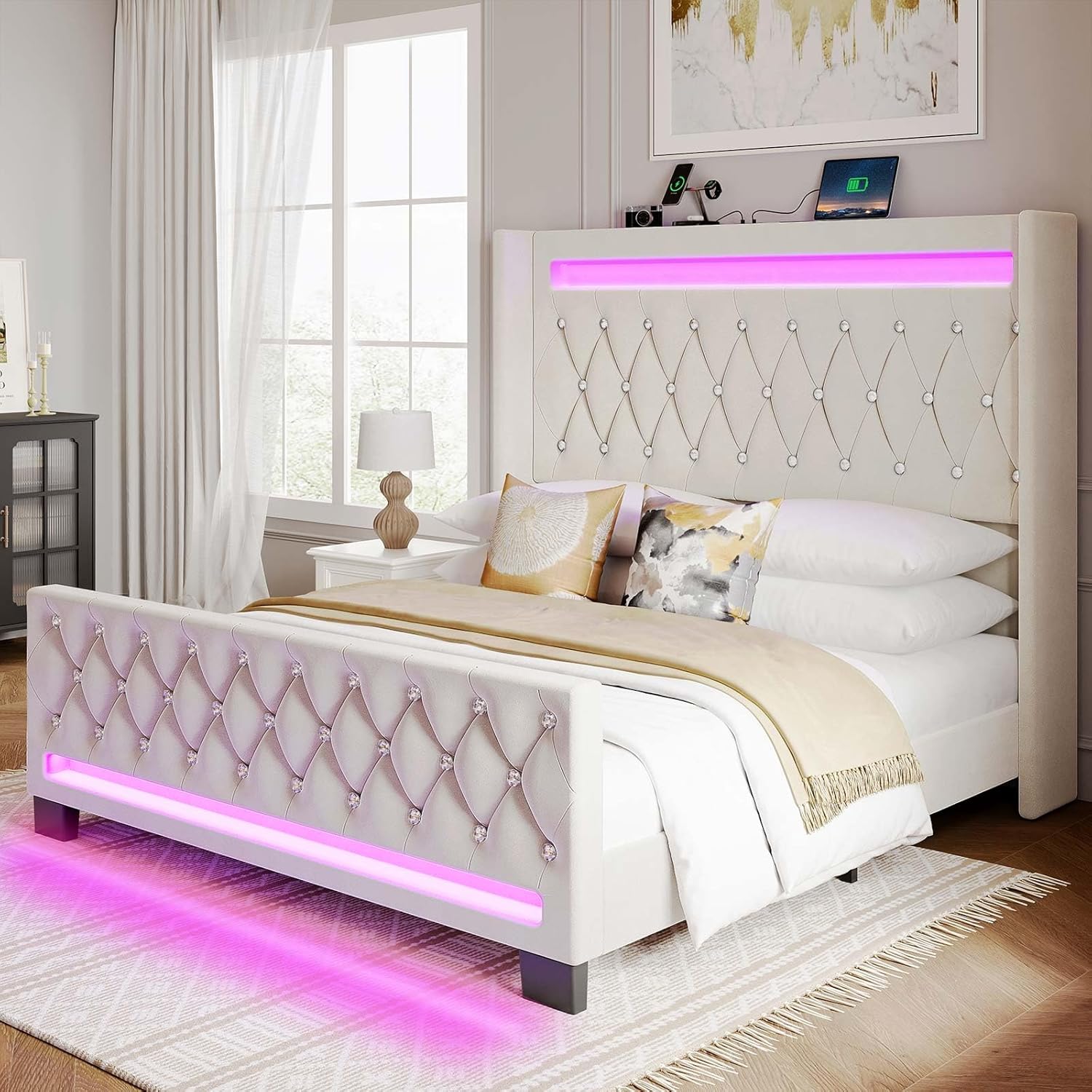 Rolanstar Full Bed Frame with LED Light and Charging Station, Upholstered High Headboard and Footboard, Wood Slats, Noise Free, Easy Assembly, Beige