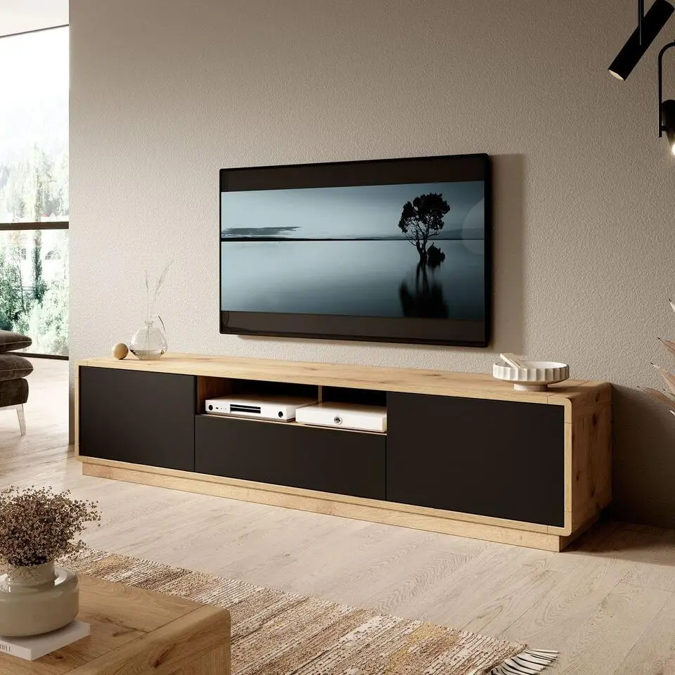 Meubella - TV-Meubel Acuna - Mat zwart - Eiken - 200 cm