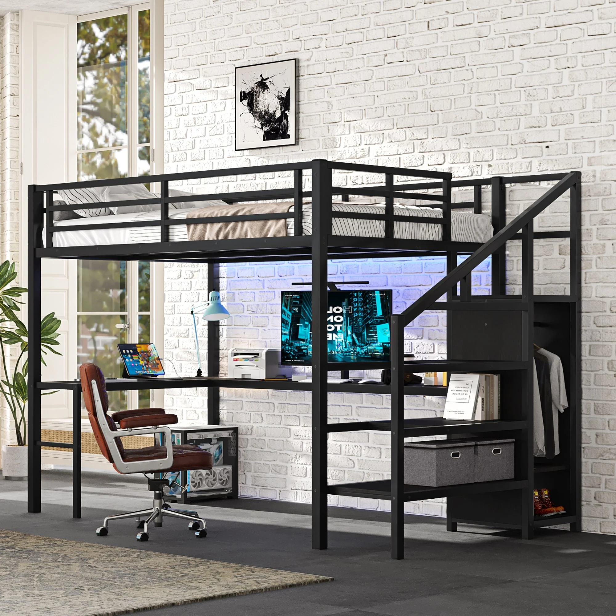 Full Size Loft Bed with L-shaped Desk and USB, Metal Loft Bed with Wardrobe and Adjustable Shelf, High Loft Bed with LED