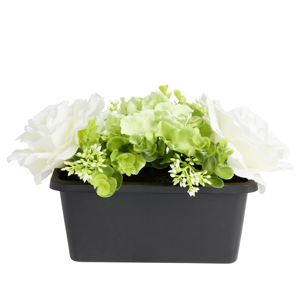 Jardinière fleur artificielle hortensia et rose blanc 7 tiges