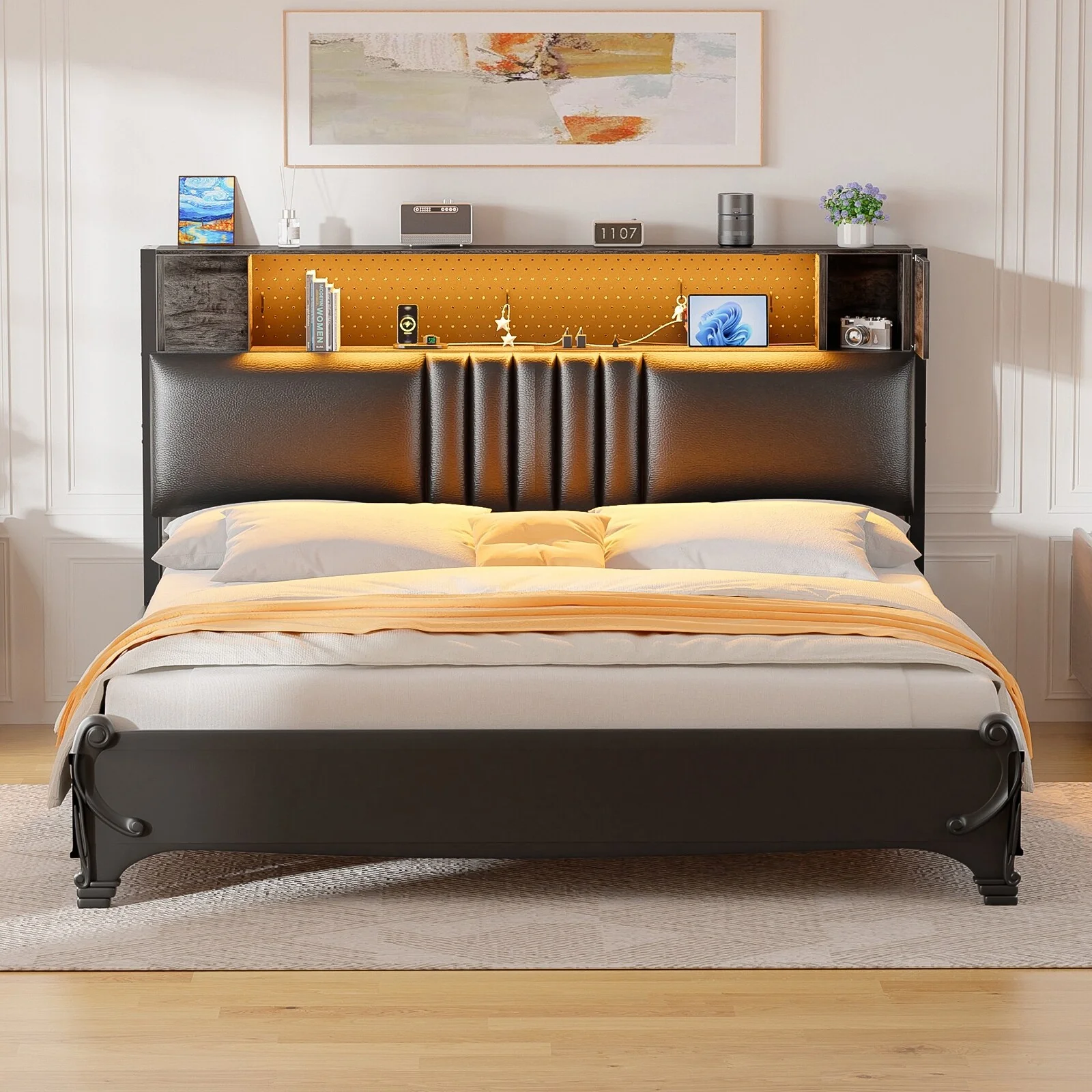 Upholstered Headboard with Storage Shelf and Small Cabinet, Headboard Power Outlet and LED Light