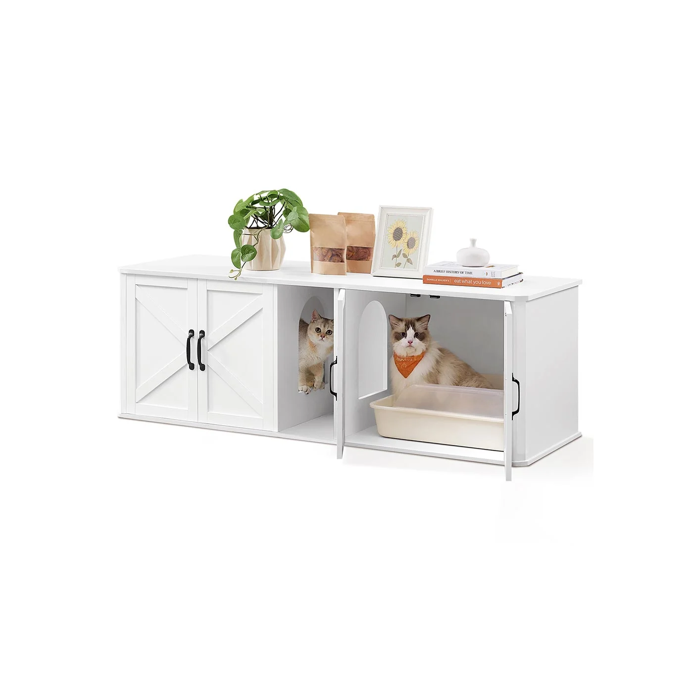 Meuble cache-litière pour deux chats usage table ou meuble TV