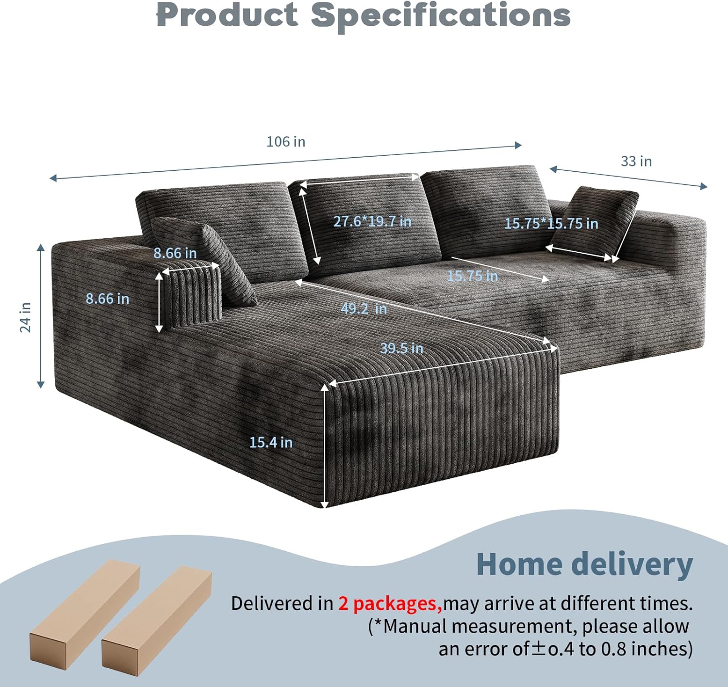 106 Corduroy Sectional Couch, Boneless L Shaped Couch with Deep Seat, Cloud Foam Sofa with Oversized Chaise, Sectional Sofa No Assembly Needed for Living Room