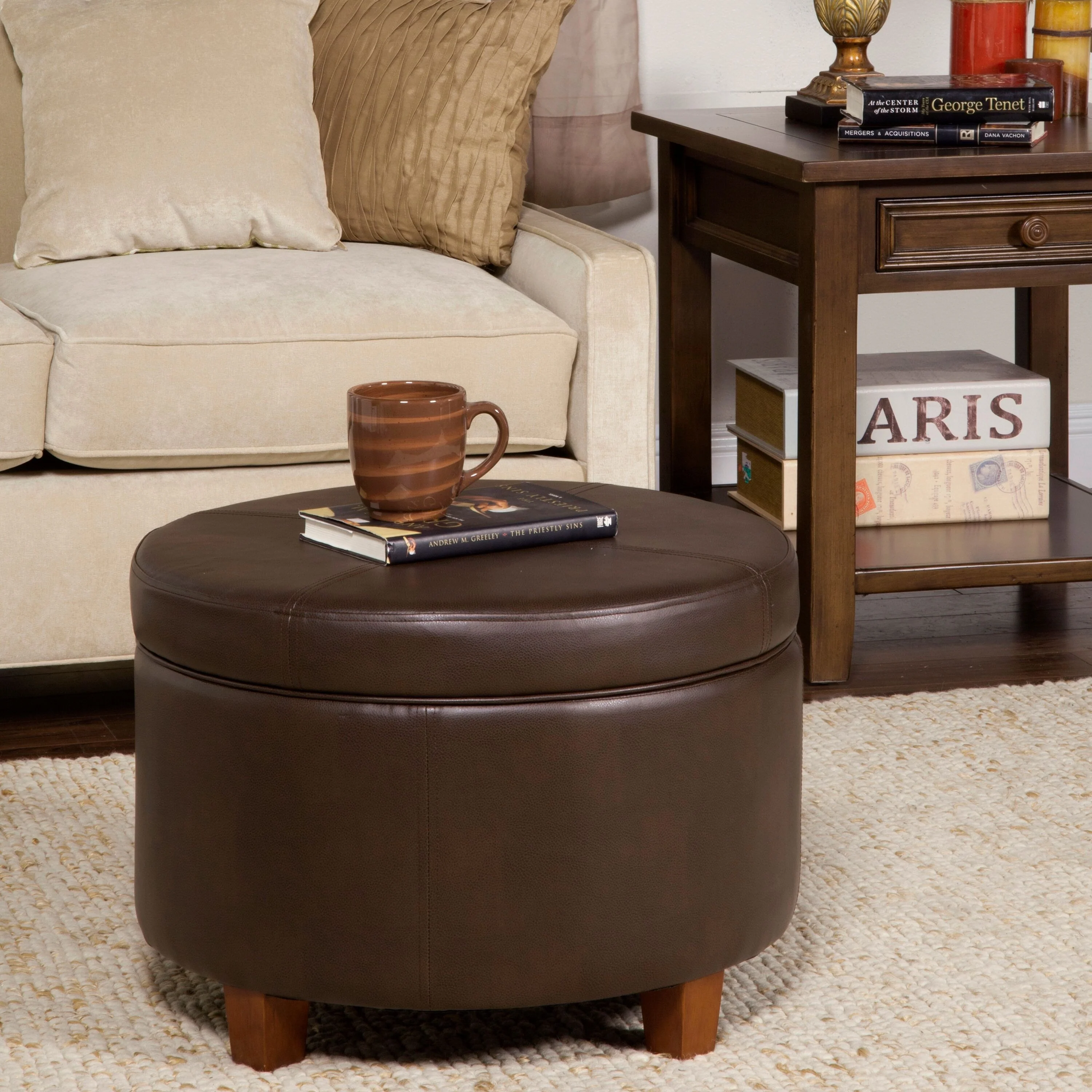 Porch & Den Rockwell Chocolate Faux Leather Round Storage Ottoman