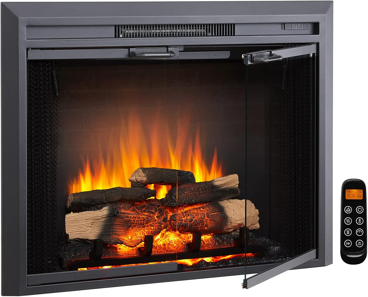 LegendFlame® Damon 35 W Electric Fireplace Insert with Glass Door and Mesh Screen (EF264B), Fireplace Heater 750/1500W, Fire Crackling Sound, Remote Control.